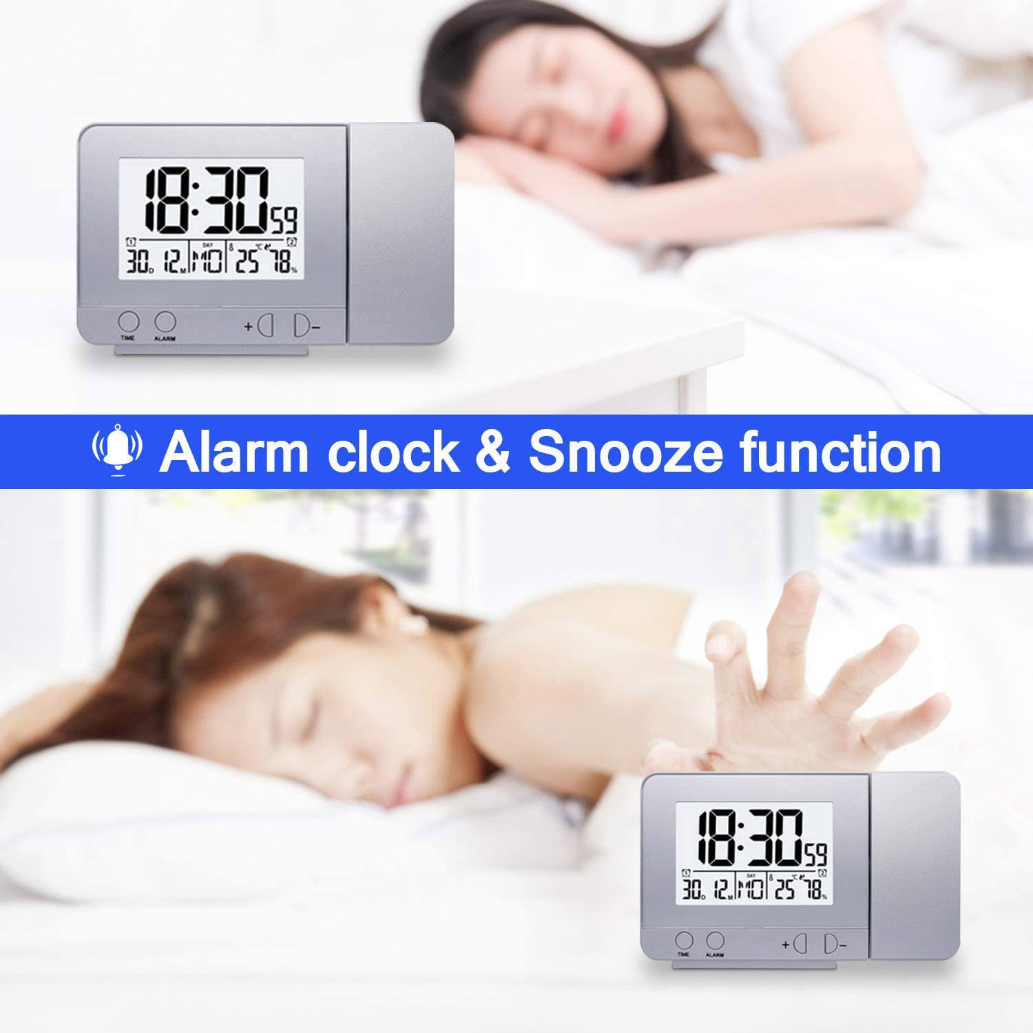 UIBAO Orologio Sveglia Con Proiettore Soffitto – Doppio Allarme, Display Data/Ora/Temperatura/Umidità, Sensore Esterno, Dimmerabile, 12/24H