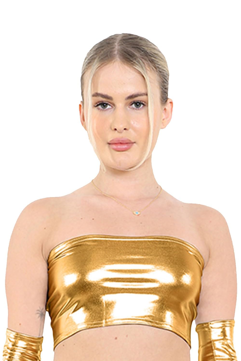 GOSTYLES® Womens Shiny Metallic Bandeau Crop Top, Ladies Strapless Stretch Boob Tube Clubwear, Festival Rave Party Top, Casual Sexy Tube Vest (Gold, XL)