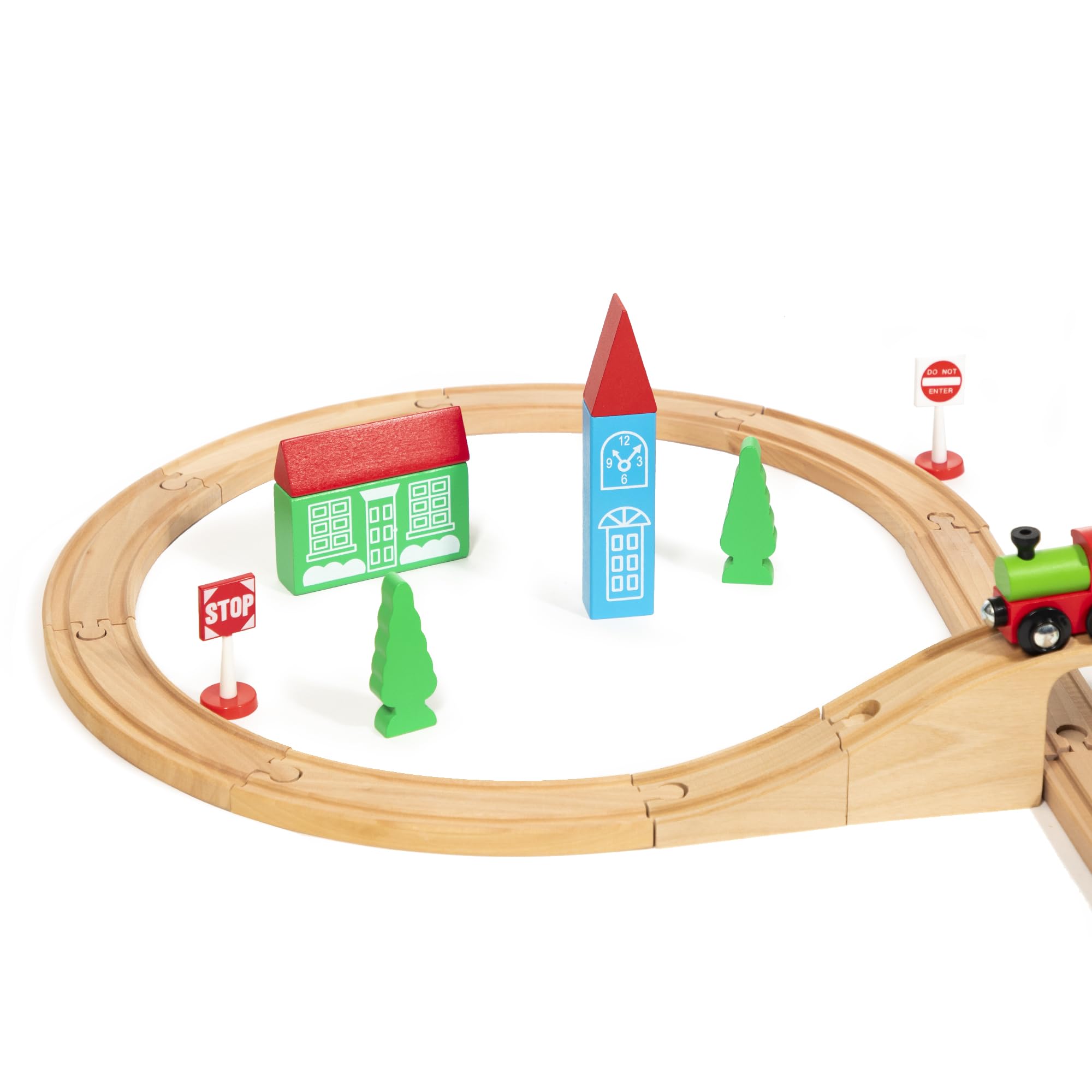 maxim enterprise, inc. Wooden Train Track Set, 37 Pieces Figure 8 Train Track with Wooden Engine and Magnet Connect Cars, Expansion Railway Track Compatible with Thomas & Friends and All Major Brands