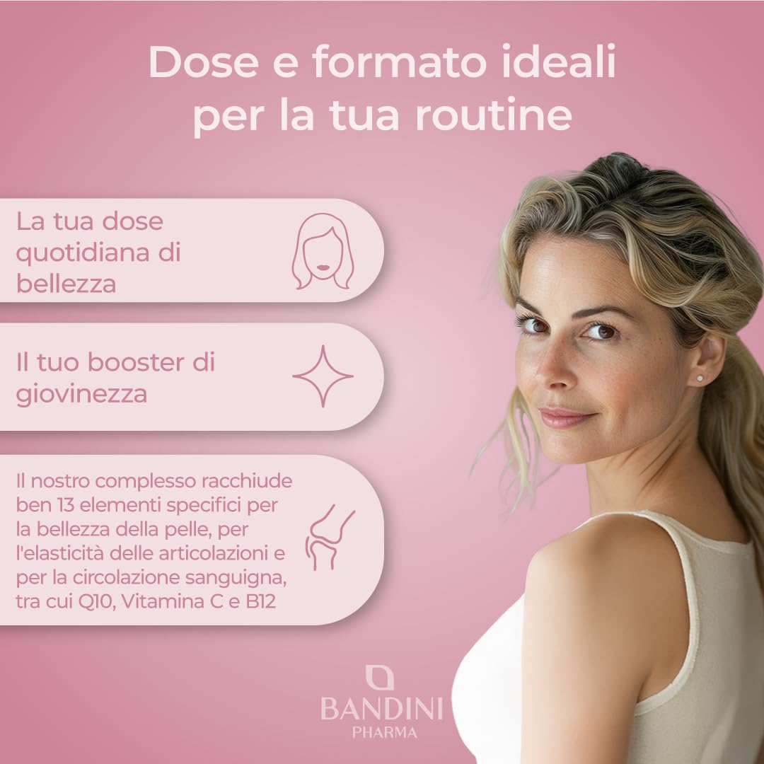 Bandini® Collagene Peptan® e Acido Ialuronico 180 Capsule, Collagene Marino Idrolizzato Tipo 1 con Coenzima Q10, Vitamina C, Biotina, Zinco e Selenio, Integratore Donne per Articolazioni, Pelle e Ossa