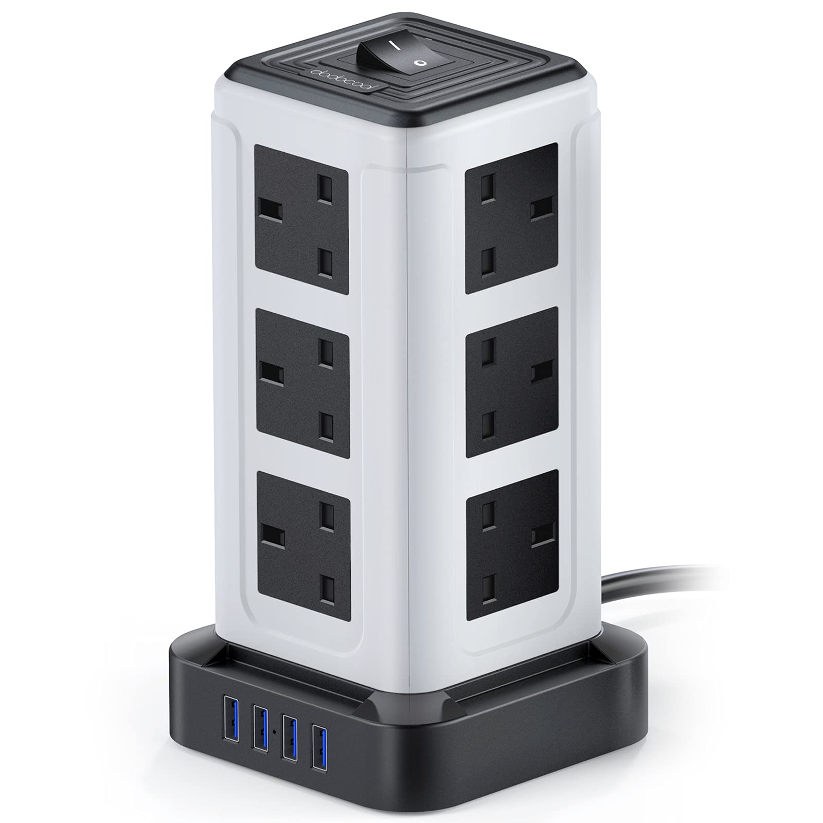Extension Lead Tower 12 Way, Power Strip Surge Protector, 3250W/13A with 4 Smart USB Ports(3.1A), 3 Metre Long Extension Cable with Overload Protection, Plug Extension for Home, Office, School, Garage