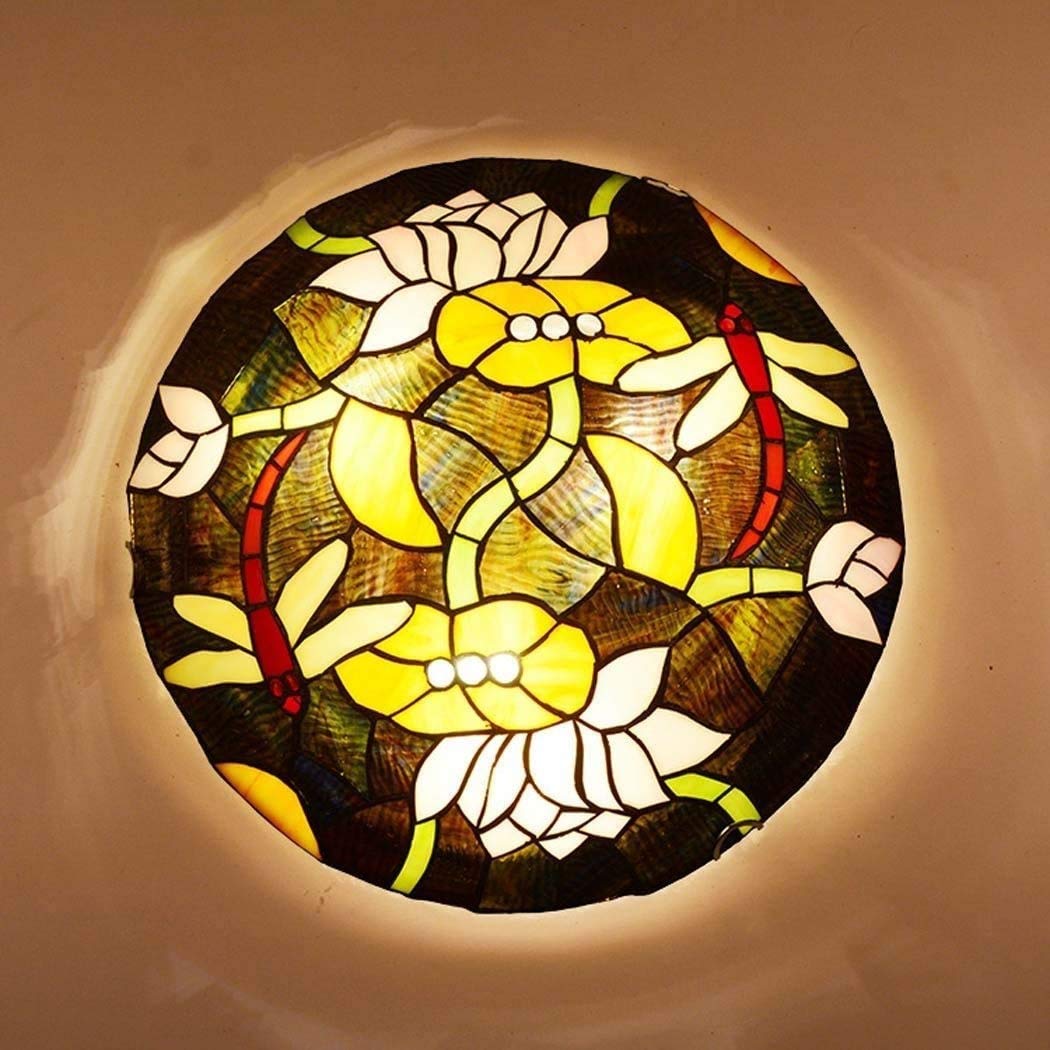 Tiffany Style Ceiling Light，LED Stained Glass Round Ceiling Lamp ，Hallway Flush Mount Fixtures Light for Bedroom/Living,50cm