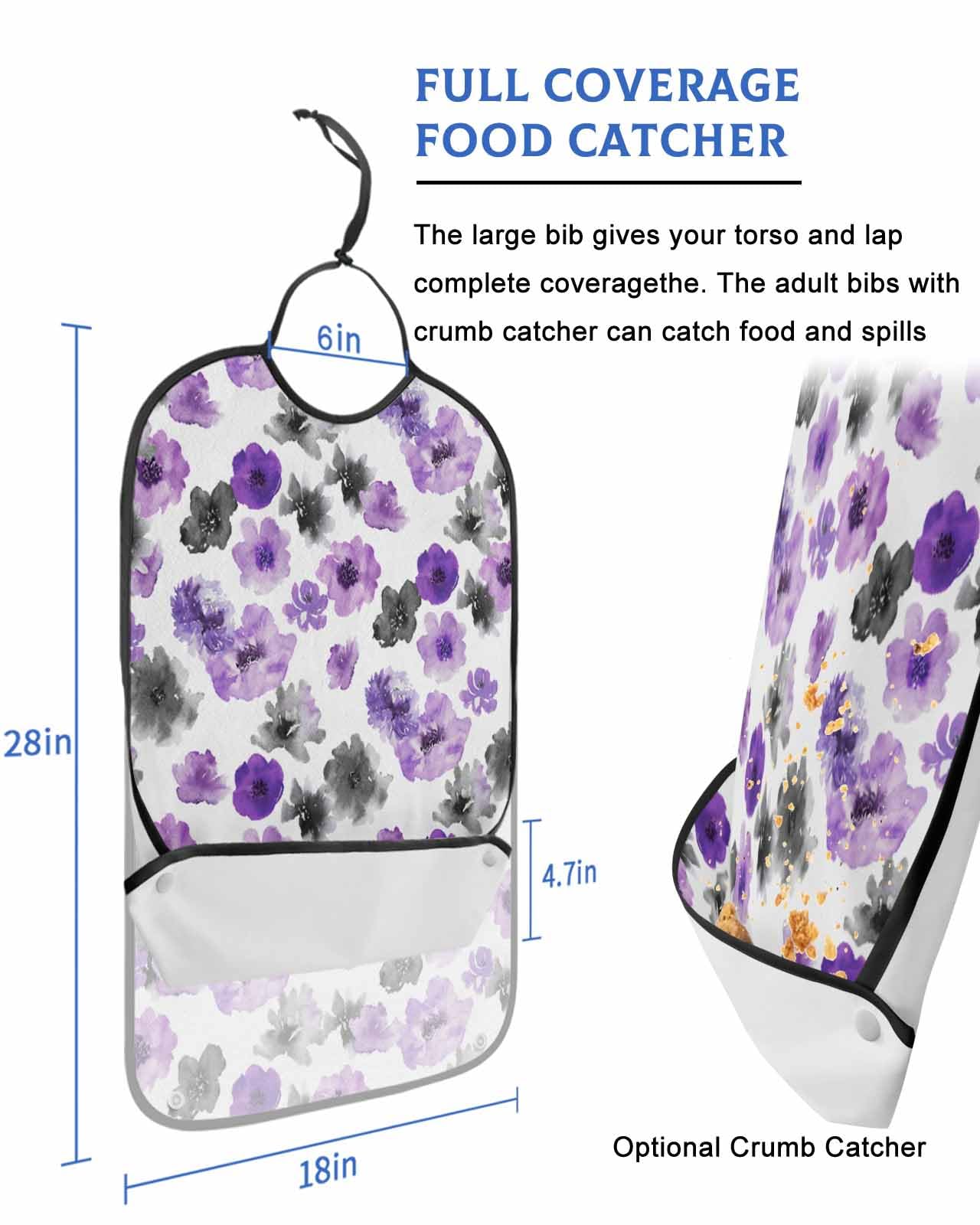 LEOKOTI Purple Black Spring Floral Adult Bibs for Eating, Waterproof Bibs with Food Catcher & Adjustable Snap Closure, Watercolor Botanical Summer Washable Clothing Protectors Adult Bibs for Elderly