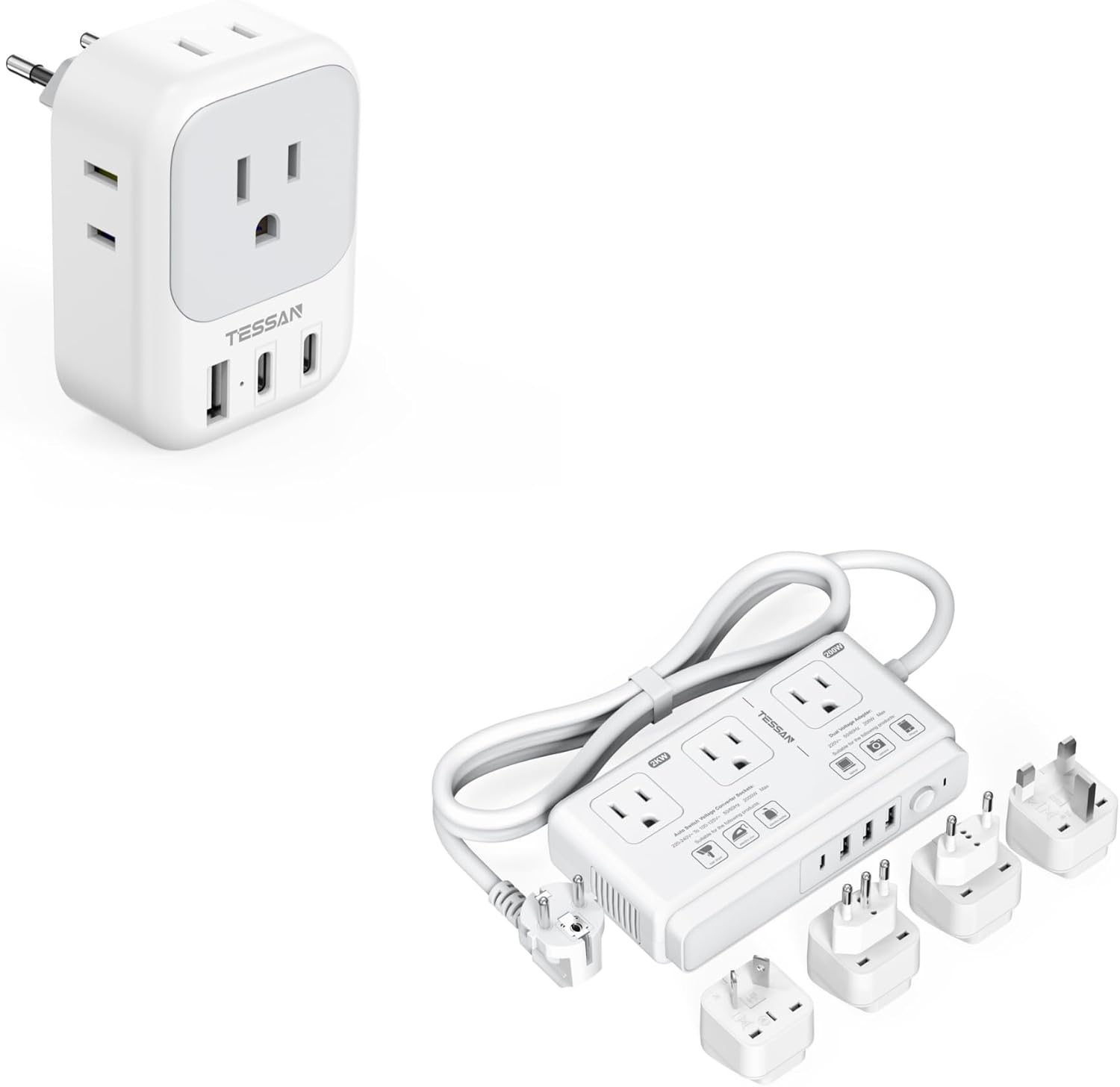 European Travel Plug Adapter, TESSAN Type C Travel Adaptor with 4 Electrical Outlets 3 USB Ports (2 USB C), 220V to 110V Voltage Converter, for UK EU AUS Italy Spain, for Hair Dryer Curling Iron