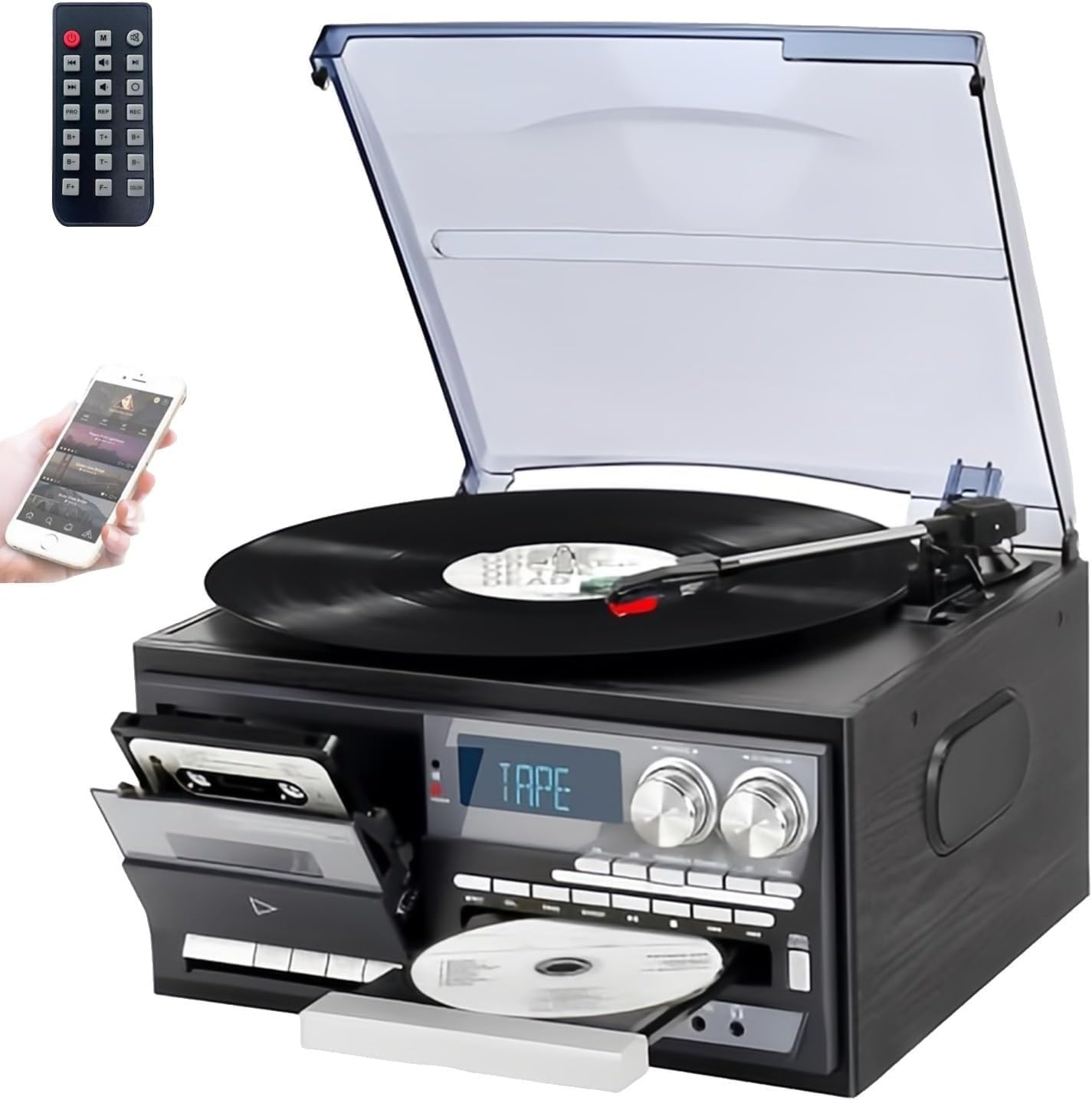 Lettore CD, Bluetooth E Cassette 10 In 1, Giradischi Retrò Con Telecomando, Altoparlanti Integrati, USB/SD, Ingresso Aux/uscita Di Linea RCA, A 3 Velocità, Per L'intrattenimento In Ufficio(Black)