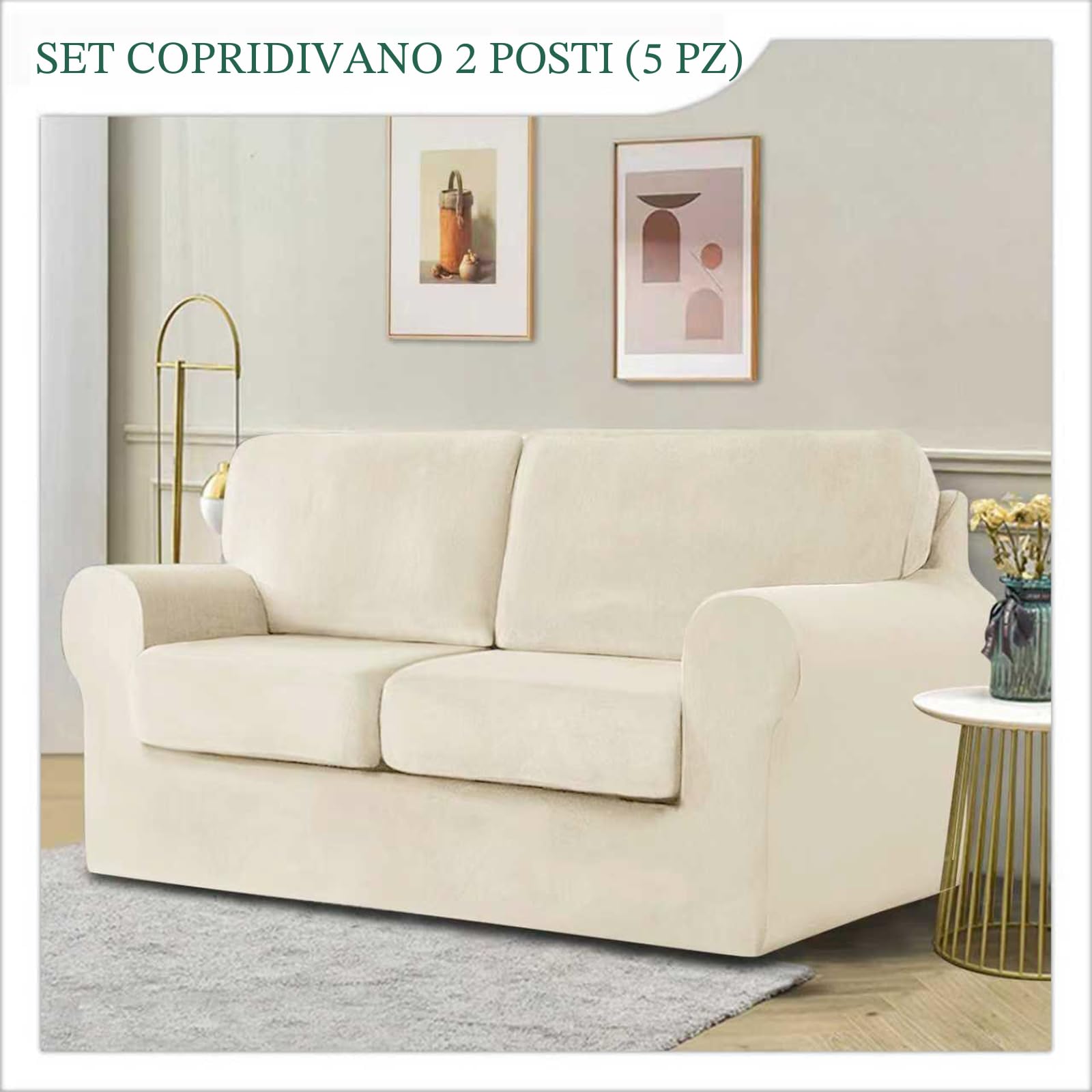 SYLC Ektorp Copridivani Con Cuscini E Schienale Separati, Velluto Elasticizzato Copridivano 1/2/3/4 Posti Con Braccioli, Copri Divano Antiscivolo (Beige,2 Seat Set 5 PCS)