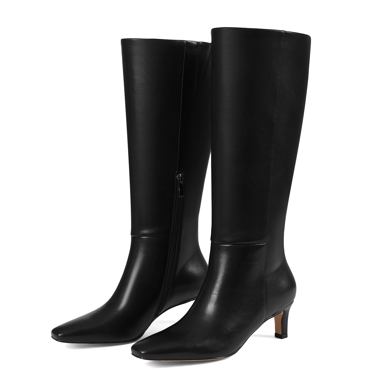 Womens Black Knee High Boots Small Heel Pointed Toe Leather Dress Comfy Tall Long Boot Narrow Calf Fall