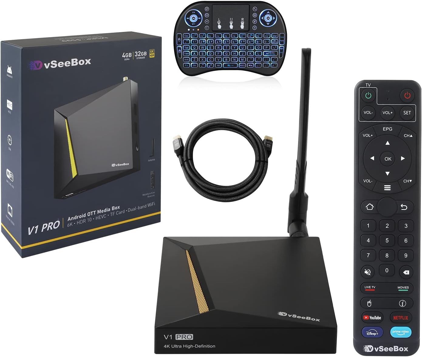 2024 Latest vSeeBox V3 Pro, with Bluetooth Voice Control, 8K HDMI Cable, Backlit Keyboard, Detailed Setup Guide Inside, Android 11, 4GB RAM, 64GB Storage