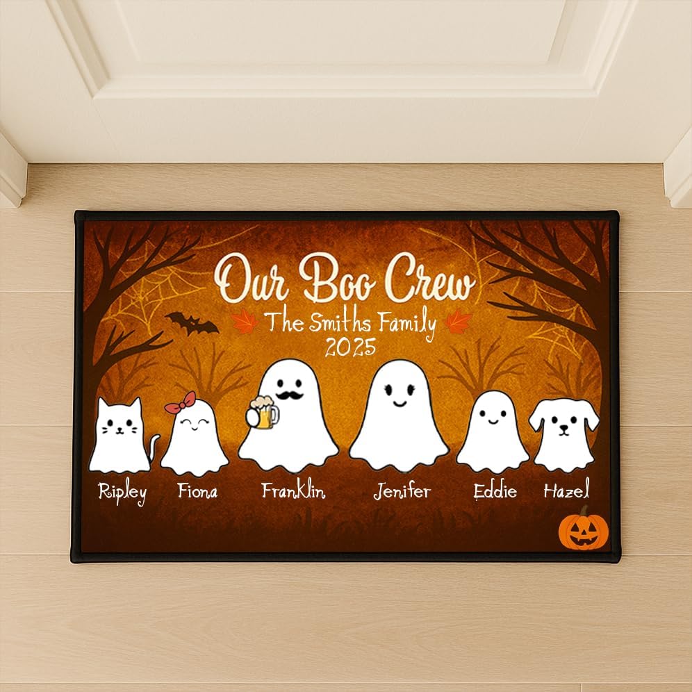Personalized Halloween Door Mat for Family, Custom Halloween Decor Gifts, Custom Spooky Ghost Door Mat, Personalized Halloween Decor Indoor