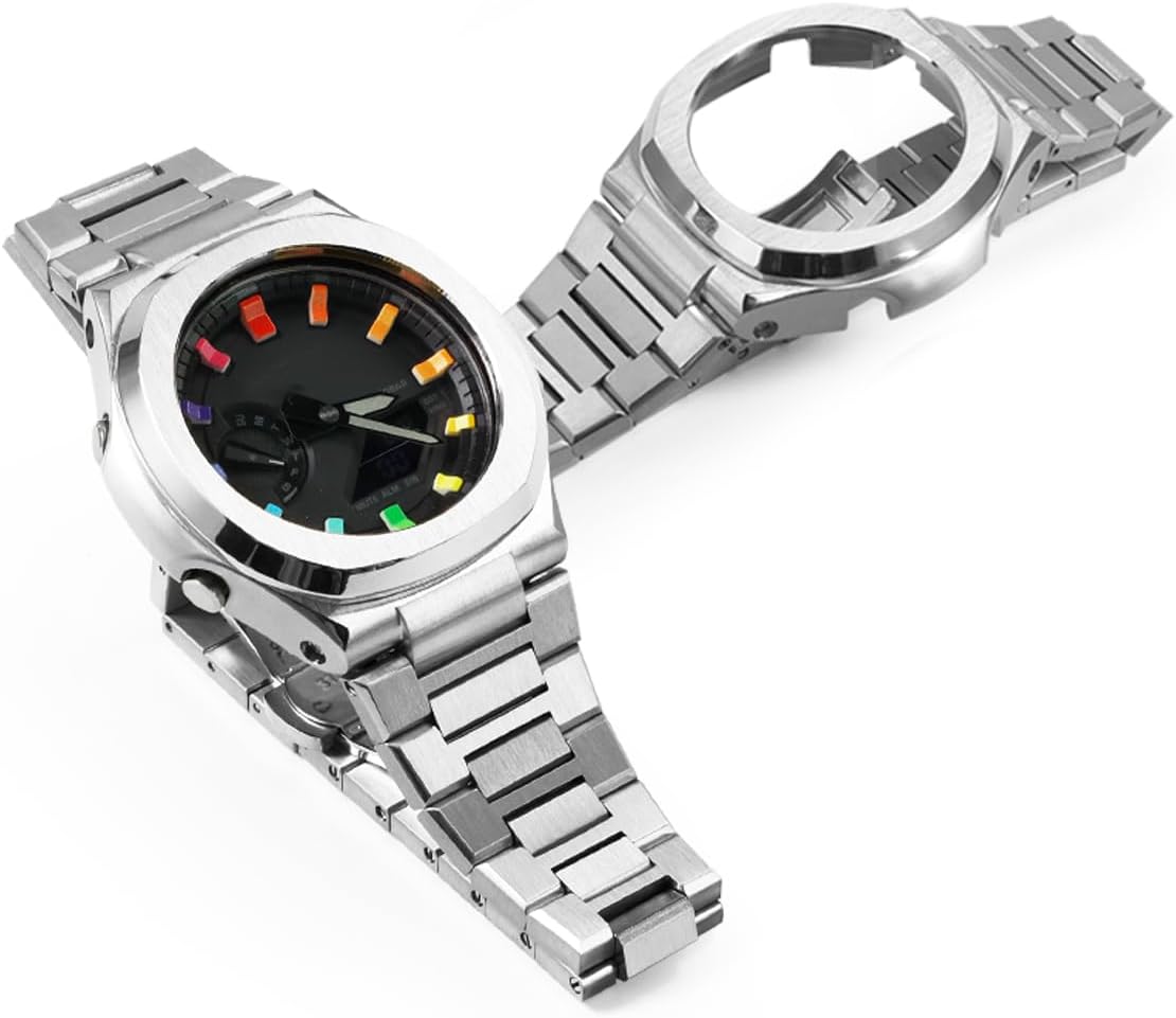 Stainless Steel Watch Bezel Case Solid Metal Bracelet - Compatible with GA-2100/GA-2110/GA-B2100, Nau tilus Style Design