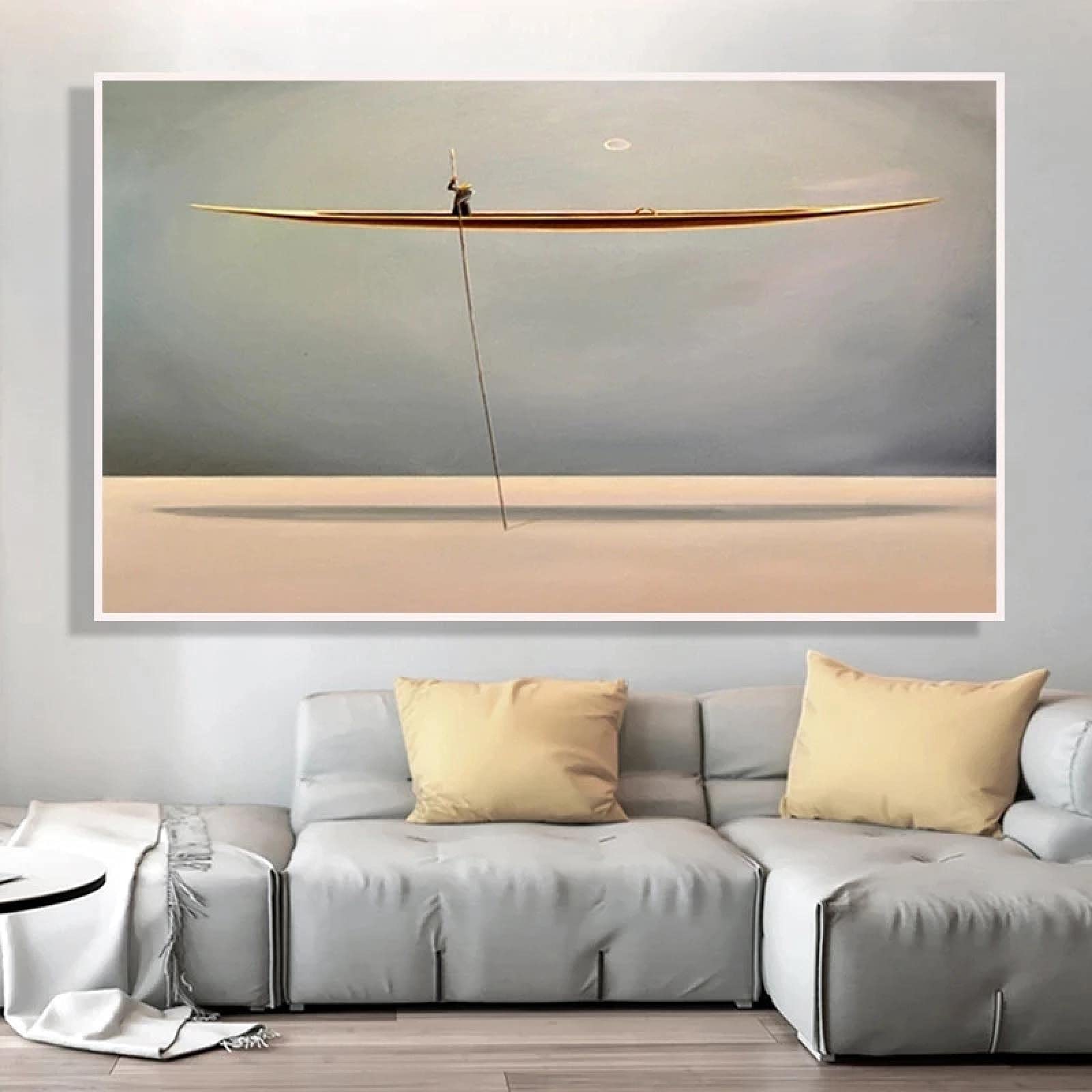 KADING Goldenes Boot Rudern Leinwanddrucke Landschaft Meereslandschaft Leinwand Gemälde Einfaches nordisches Poster Moderne Wandkunst Dekoration Bild 75x100cm(30x39in) mit Rahmen