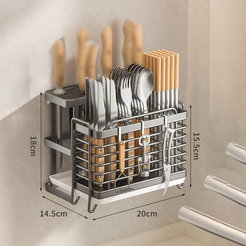 Portautensili Da Cucina In Acciaio Inox – Grande Capacità Con Fori Di Drenaggio E Base Antiscivolo (S)