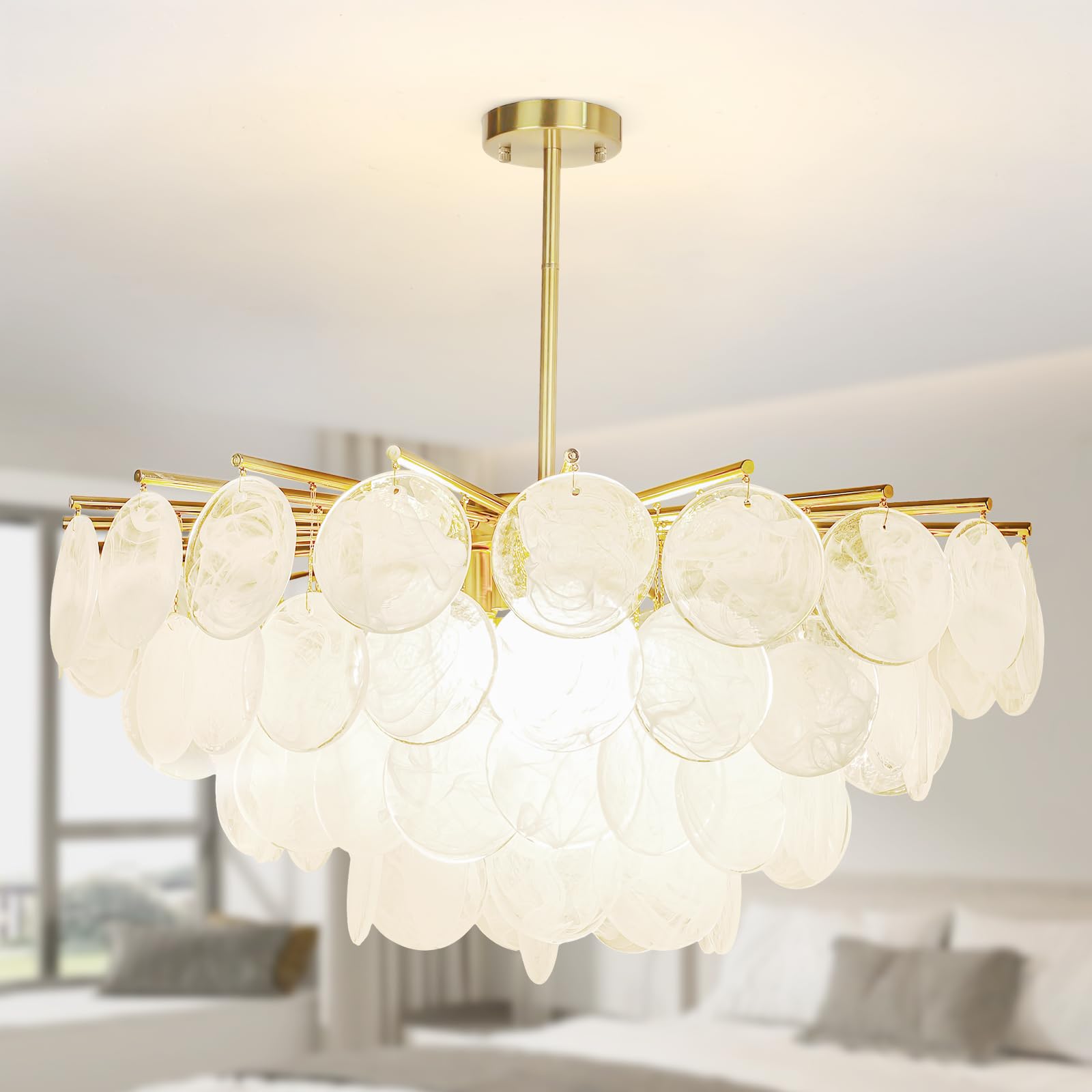 10-Light Modern Semi Flush Mount Chandelier, 31.5" French Cloud Glass Crystal Chandelier with Cloud Glass Lampshade Ceiling Lamp Fixture for Living Room, Included E12 LED Bulbs UL Listed