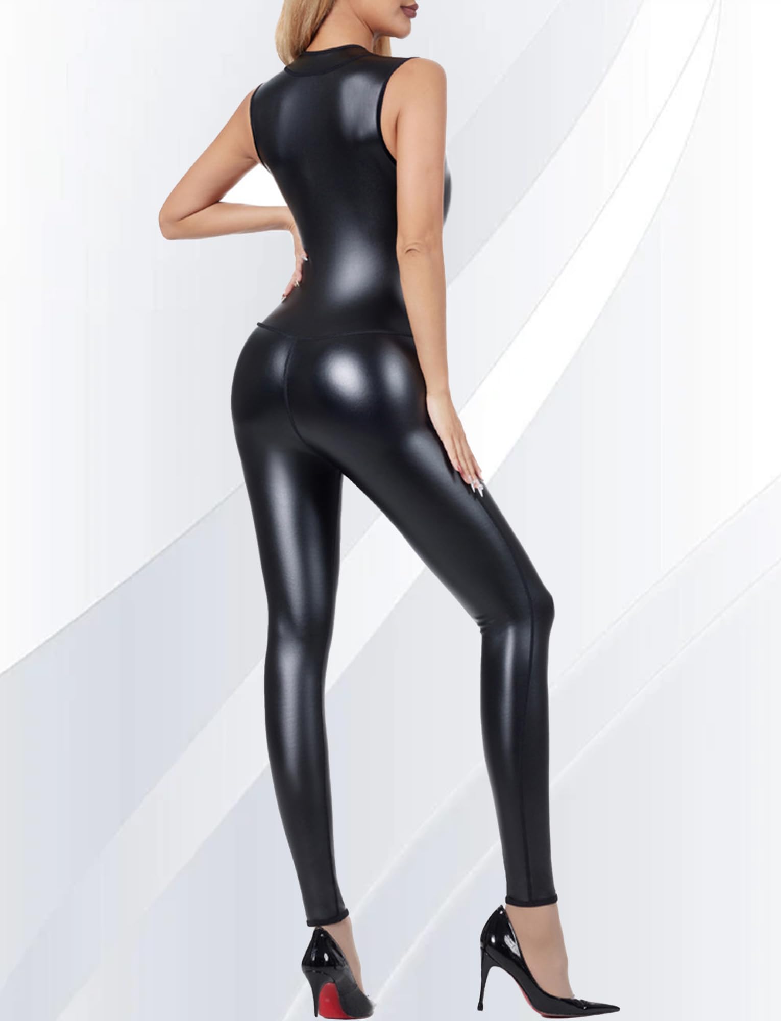 Damen Jumpsuit Sexy Leder Bodysuit Reißverschluss Vorne Playsuit Festival Outfit Body Bauchweg Kostüm Rave Party S-2XL