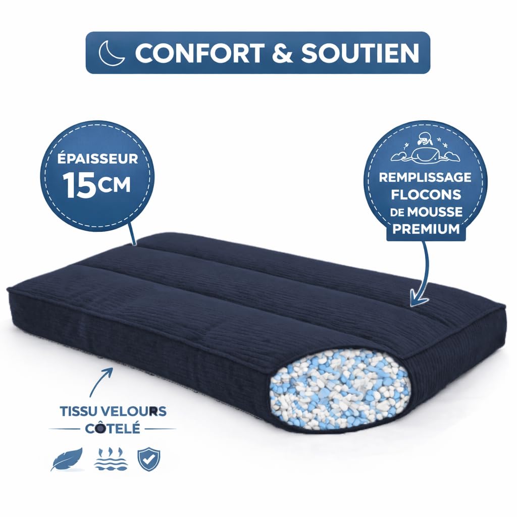 bananair - Futon 1 Place Épais & Confortable Fabriqué en France, Housse Lavable, Idéal comme Matelas de Sol, d'Appoint, Chauffeuse - Futon Pliable, Sangle de Rangement Incluse (90x190 cm, Bleu Nuit)