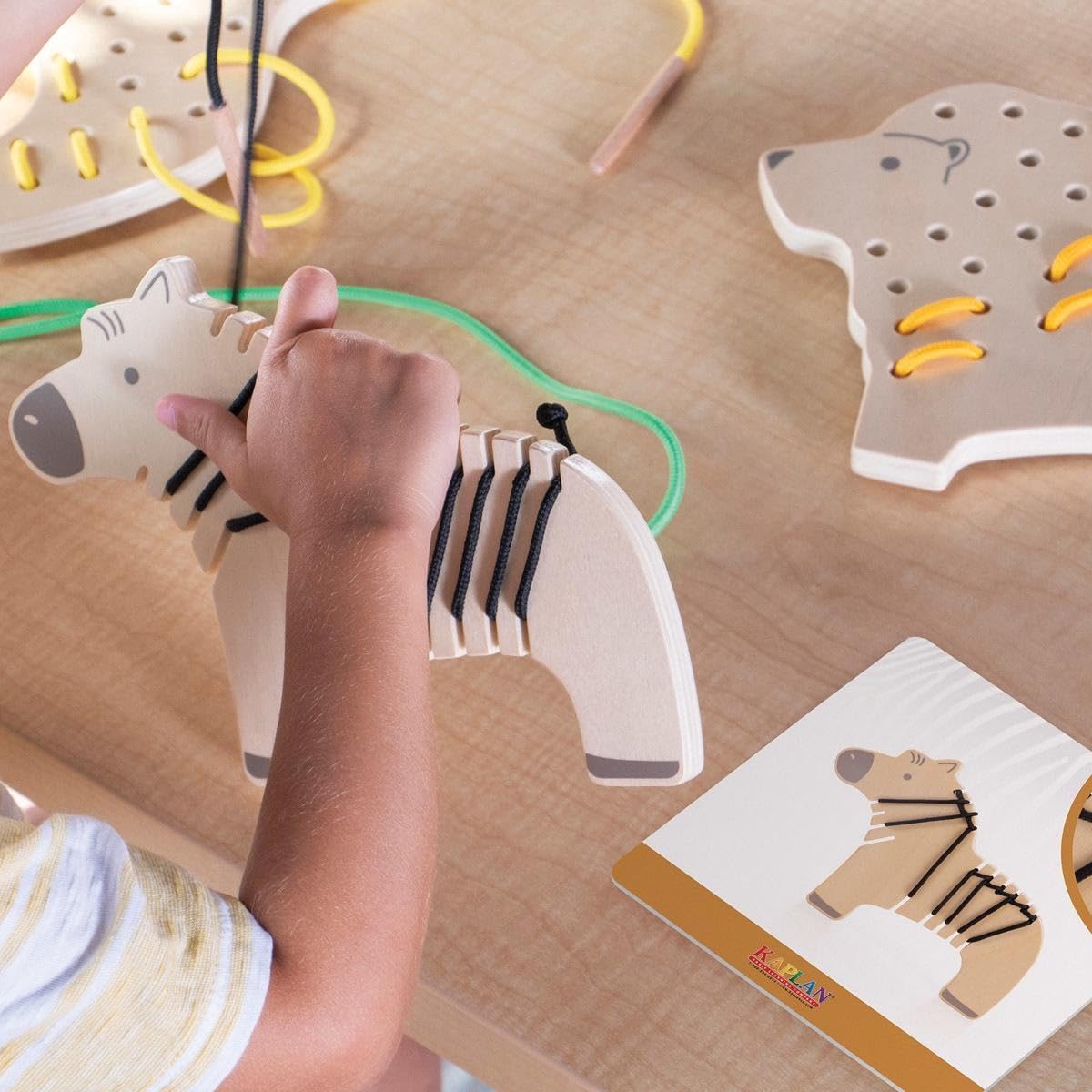 Kaplan Early Learning Safari Wooden Lacing Animals - Set of 5 Animals, Colorful Laces, and Pattern Cards for Creating Realistic or Abstract Patterns - Image 6