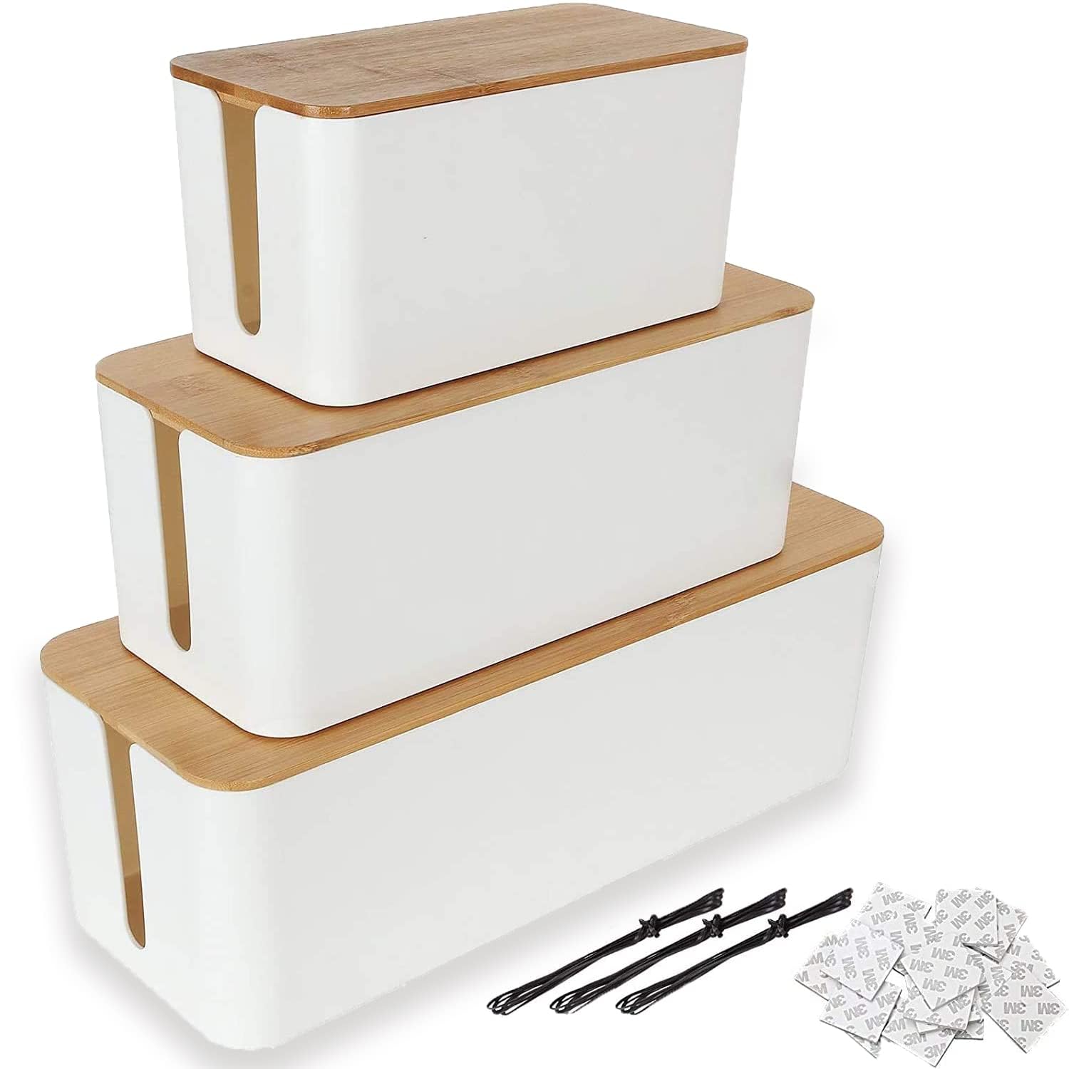 ASelected 3 Piezas Caja Organizadora Cables Tapa Madera Tapa Bambú Blanco | Organizador de Cables para Escritorio, Salón y Dormitorio, Caja para Esconder y Ocultar la Regleta con Bridas