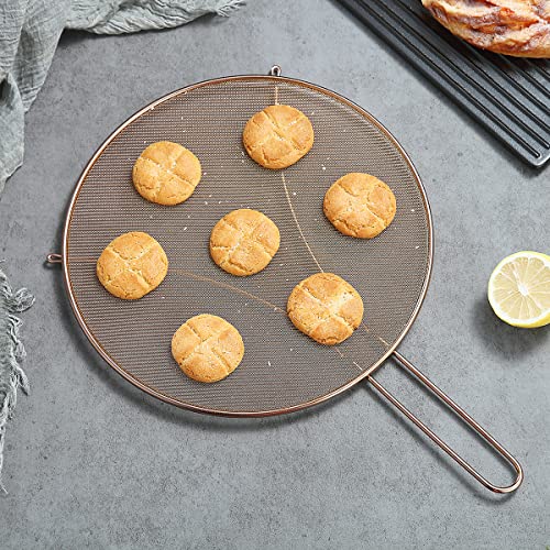 Copper Splatter Screen For Cooking 11.8'', Stainless Steel Grease Splatter Guard For Frying Pan, Fine Mesh Splatter Screen With Resting Feet, Comfort Grip Handle, Safe Cooking Lid, Keeps Kitchen Clean #TOP2