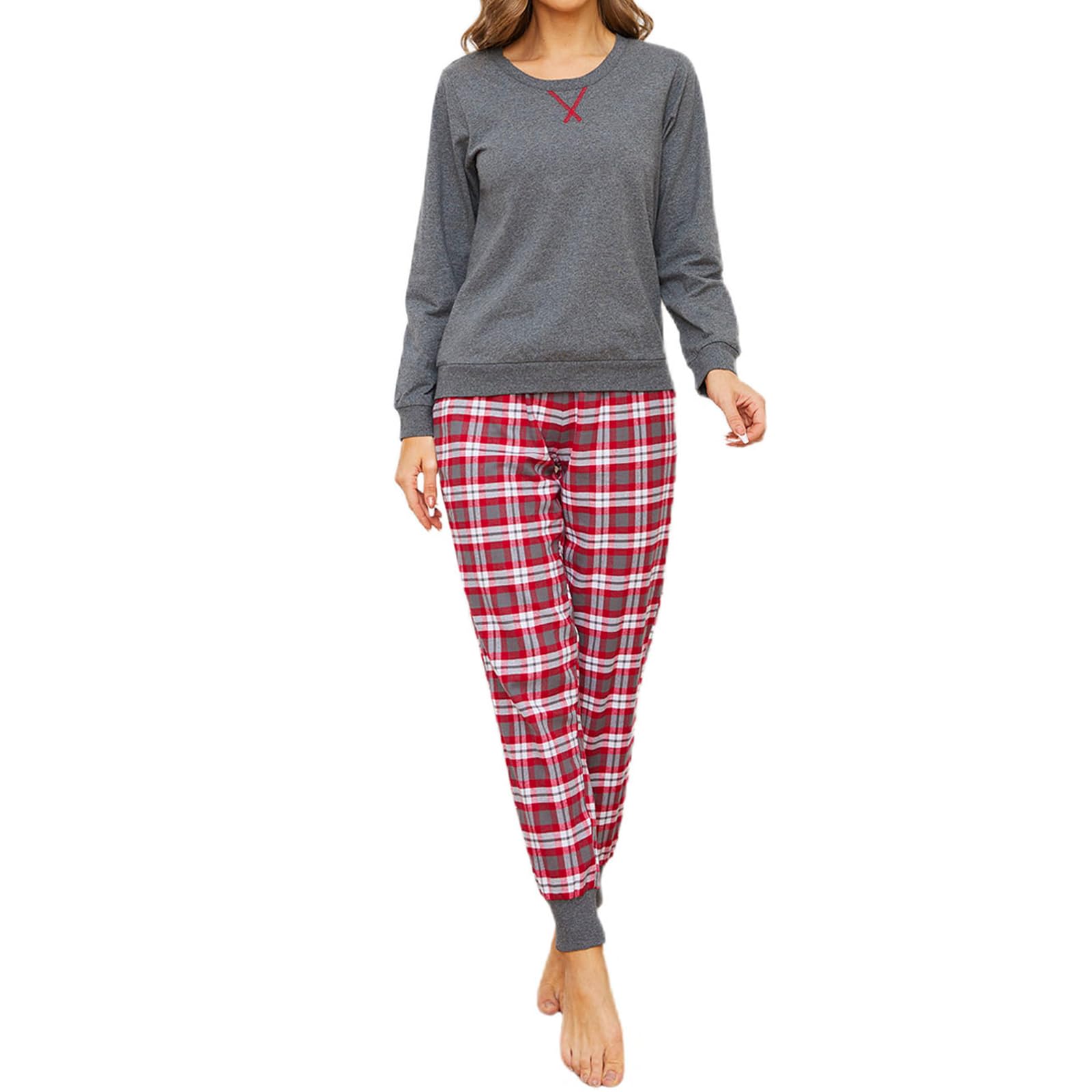 Mnemo Women's Grey Top & Red Pant 100% Cotton Pyjama Sets For Plaid Jogging Sets Loungewear Set Long Sleeves