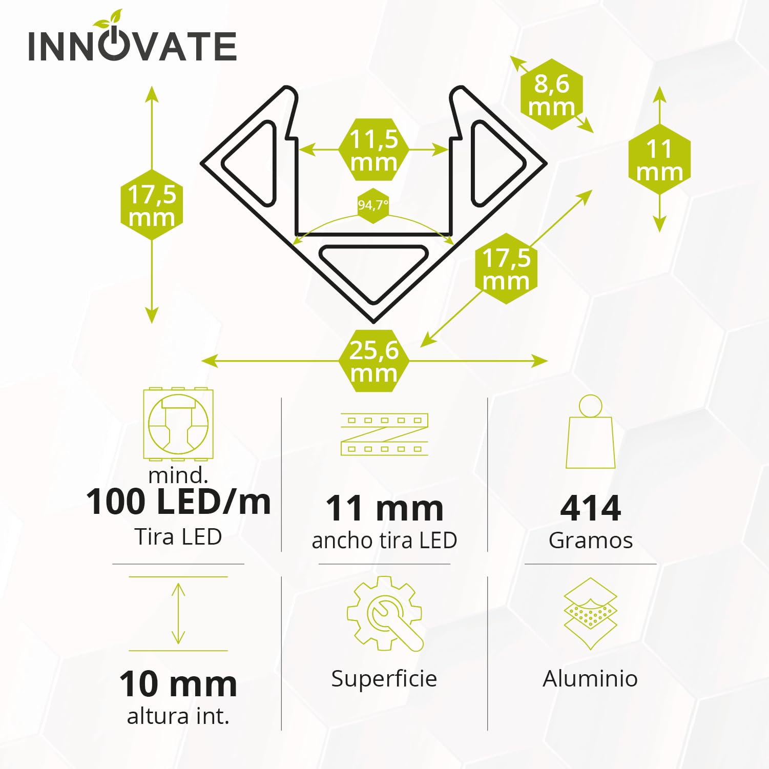 INNOVATE Perfil Aluminio Tira LED 45º Esquina 2m con Difusor [2000 x 17,5 x 17,5 mm para Tiras LED hasta 11 mm] iluminacion Cocina estanteria Armario (11mm Silver-traslucido, Set 5)