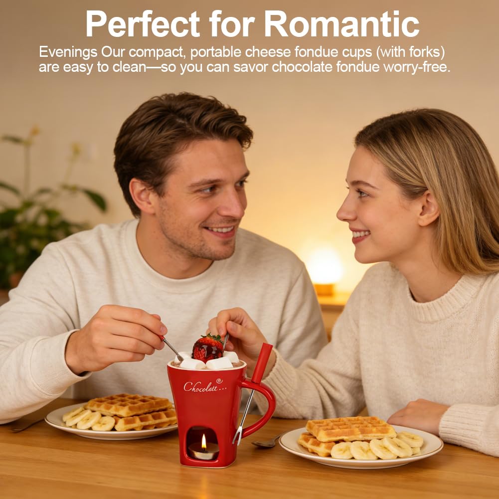 Vicloon Tazas de Fondue de Chocolate, 130 ML Taza de Fusión de Chocolate de Cerámica, Taza de Fusión de Queso con Tenedores, para Derretir Queso, Chocolates y Mantequilla (Rojo)