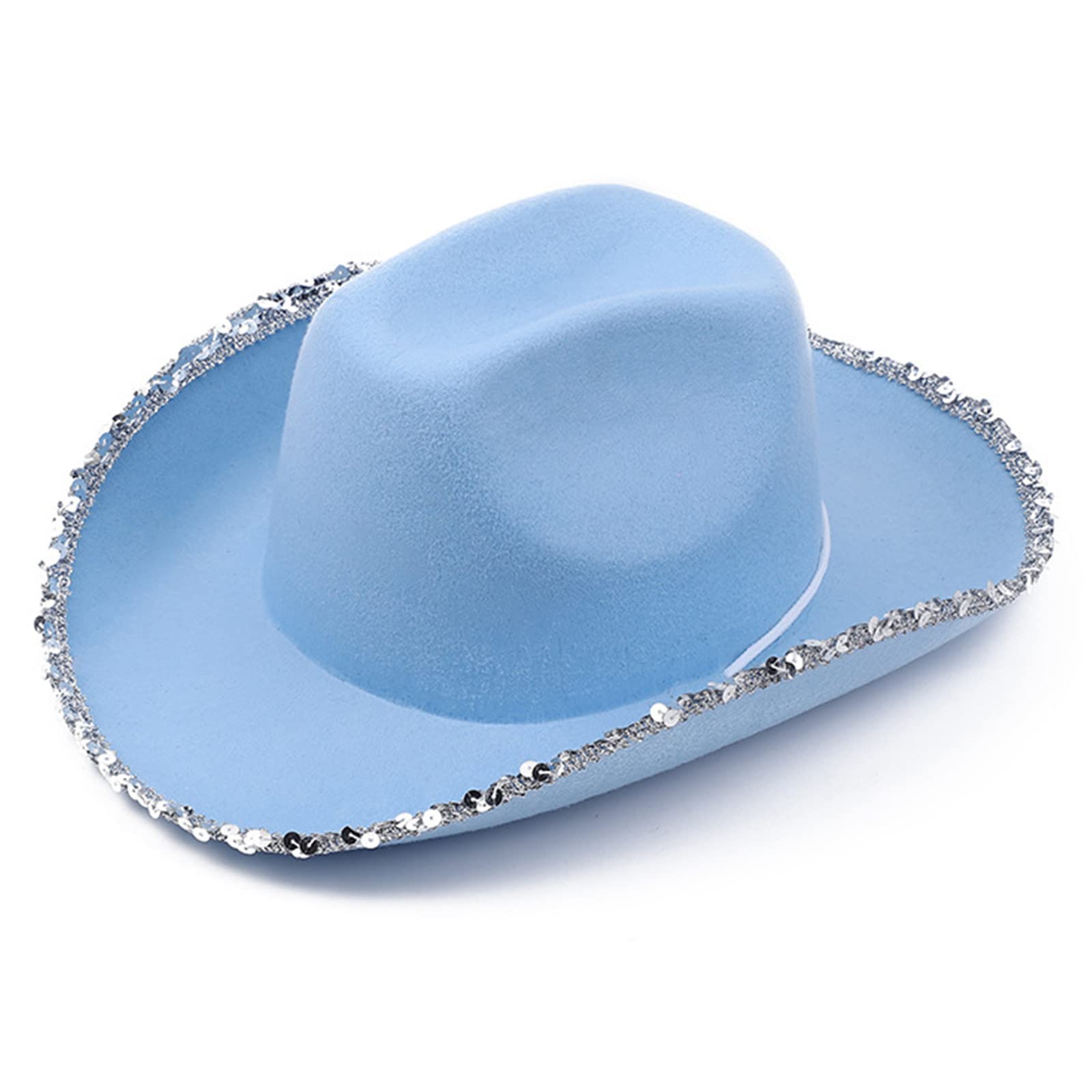 Lerono Men's Blue Vintage Cowgirl Hat With Curved Sequins Brim Wo Felt Ladies Cowboy Hats Party Top Bonnet Wo Cosplay Hat Cowgirl Hats Wo Cowgirl Hat With Sequins Cowgirl Hat With Sequins Brim