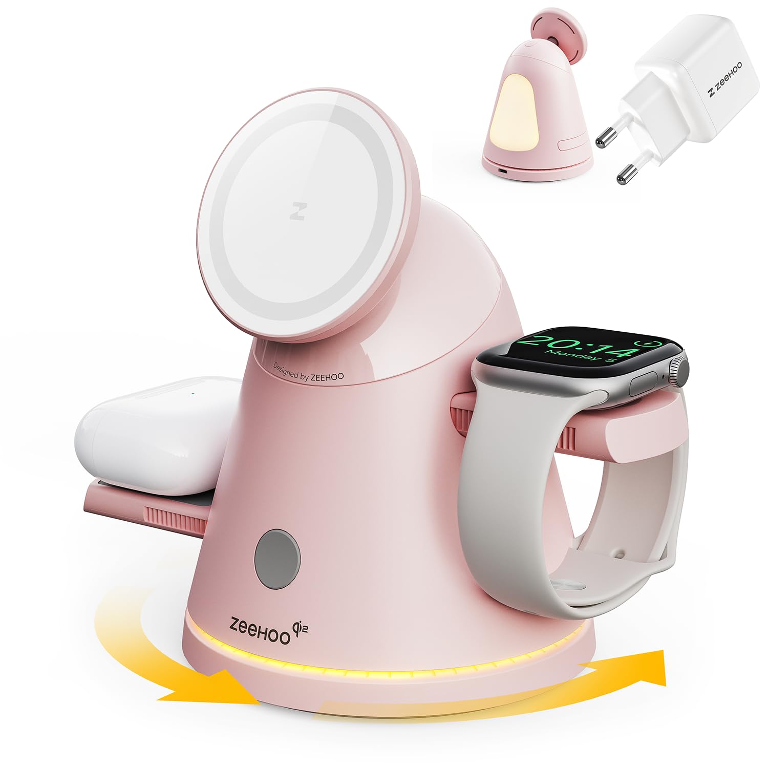ZEEHOO Stazione di ricarica wireless 4 in 1 per Apple, caricabatterie magnetico e luce dimmerabile, caricabatterie wireless da15W per iPhone17,16,15,14,13, iWatch, Samsung Galaxy Watch