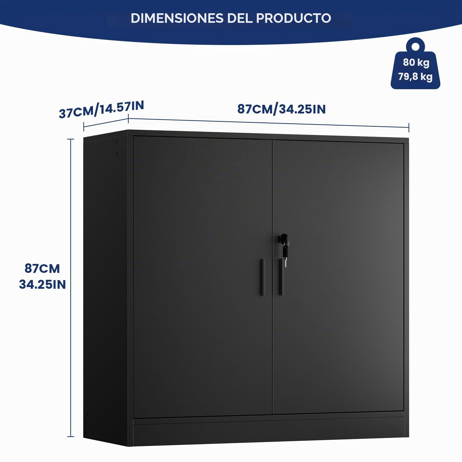 buybyroom Armario Oficina con Llave, Armario Multiusos Almacenaje para Cocina Archivador Oficina Dormitorio Garaje Herramientas y Salon, Baldas Ajustable, 2 Puertas, 87 cm Fondo, Negro