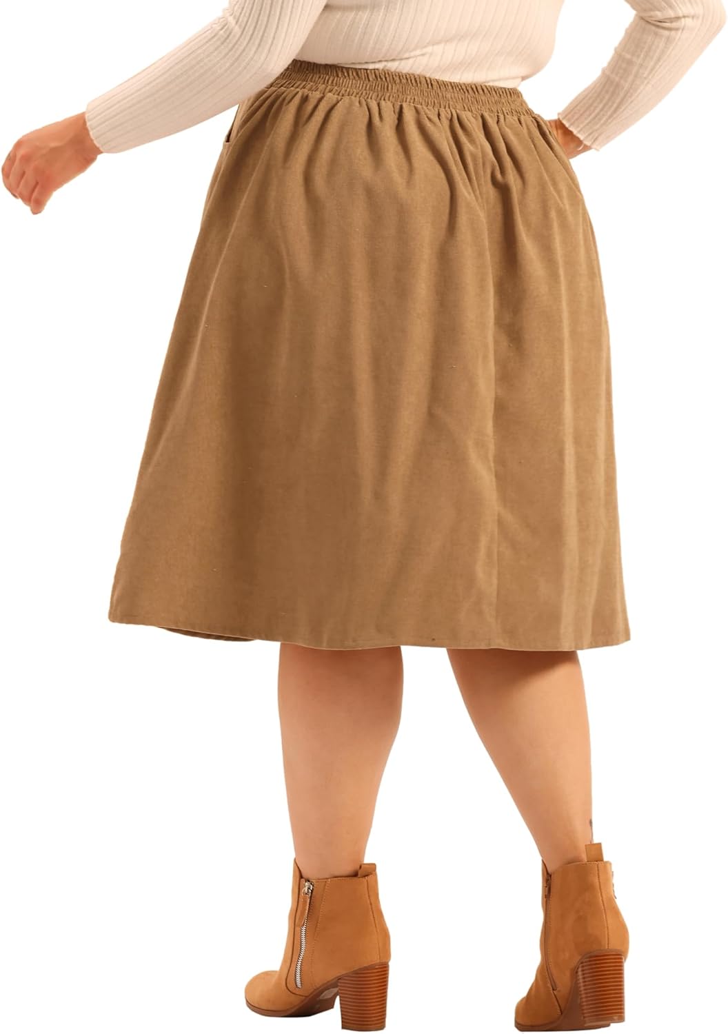 Agnes Orinda Plus Size Corduroy Skirt for Women Elastic High A Line with Pockets Midi Skirts - Image 4
