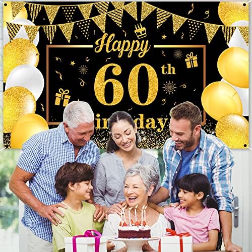 FunHot 60th Birthday Party Decorations Backdrop and Black Gold Door Banner, 60th Decoration Fabric Backdrop, Birthday Supplies, 185×110cm(72.8×43.3 inch)