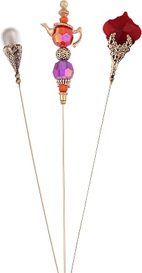 Alilang Magic Lamp Pearl Lady Camo Rose Heart Rhinestones 3Pcs Vintage Long Handle Hat and Lapel Pins with Flexible Bendable Design