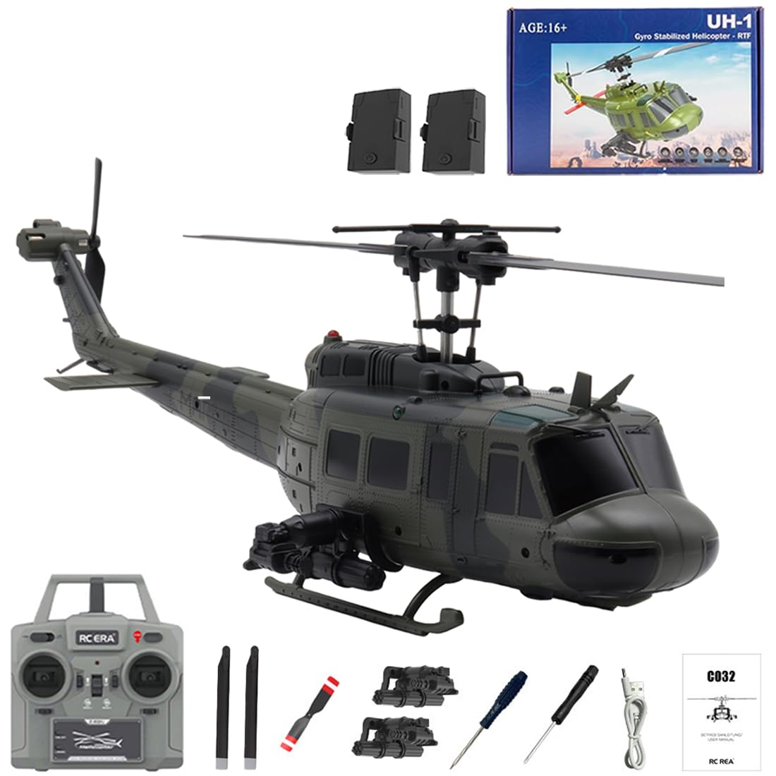 C032 UH-1 Huey 6CH Brushless RC Helicopter, 1/48 Scale Military Remote Control Helicopter with Optical Flow & TOF Altitude Hold, 3D Inverted Flight RC Aircraft Model for Adults - 2 Battery