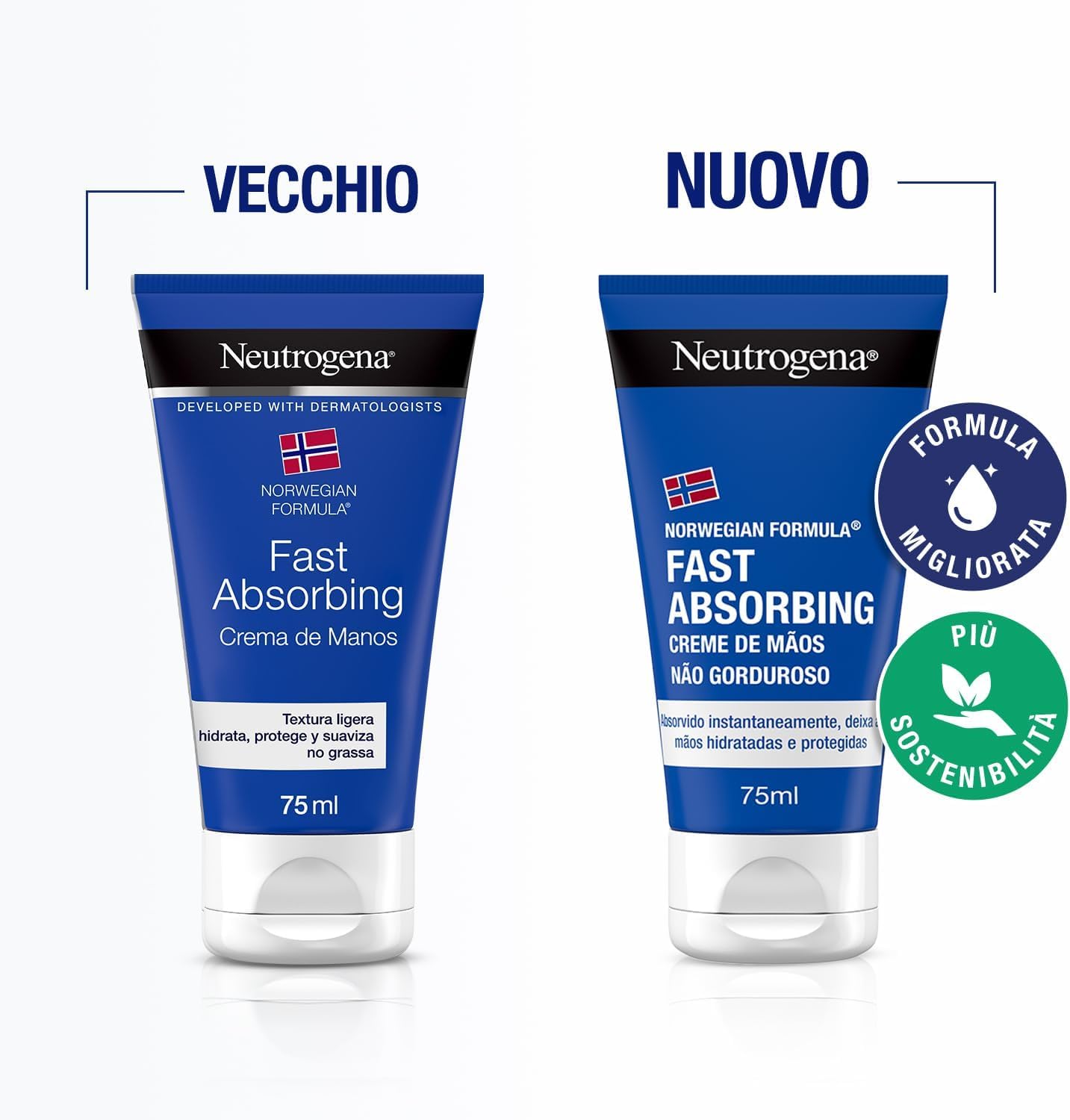Neutrogena Formula Norvegese Crema Mani Assorbimento Rapido, Crema mani riparatrice con Glicerina e Vitamina E, Crema mani secche e screpolate dalla texture leggera ad assorbimento rapido, 75 ml