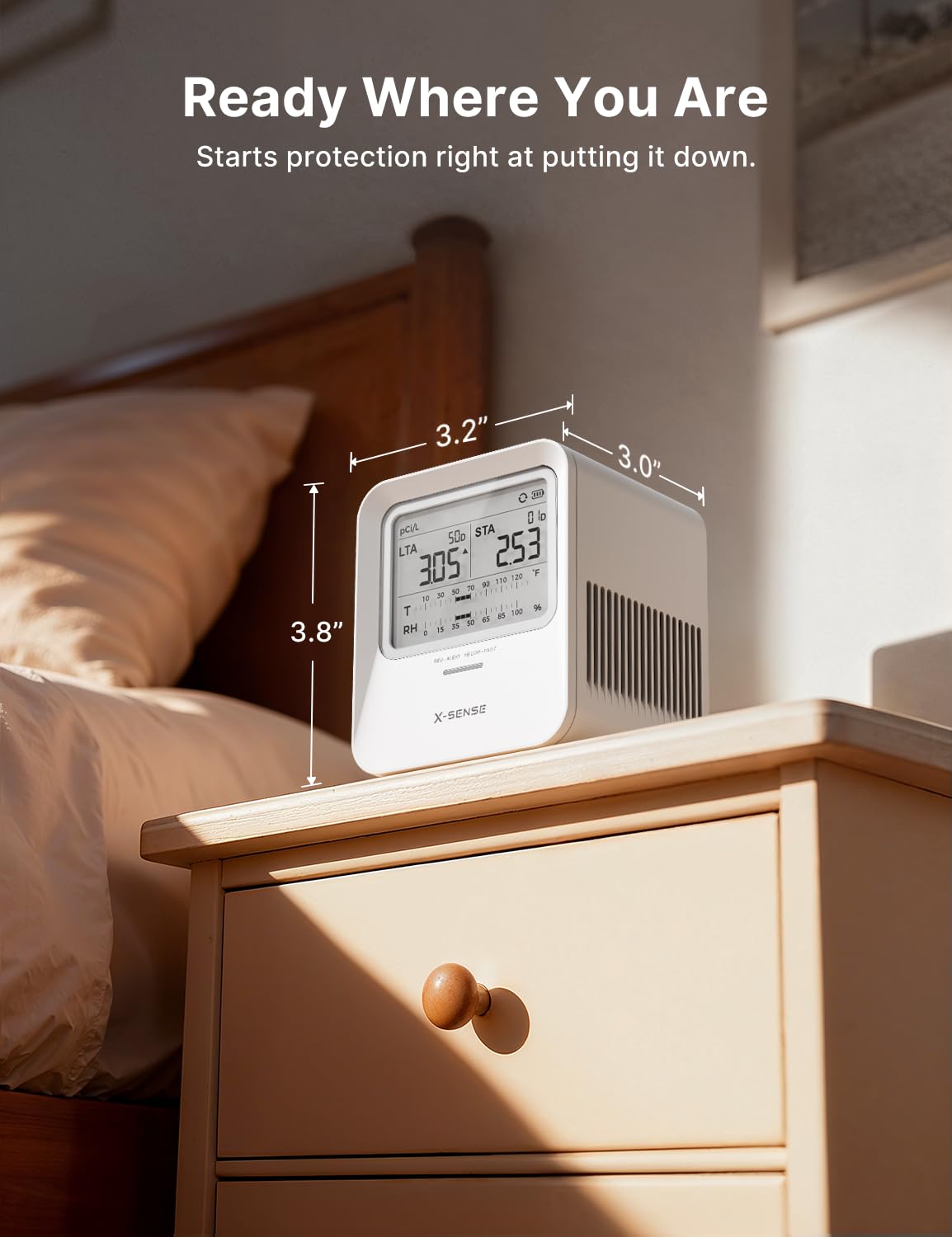 X-Sense Radon-Detektor, akustischer & visueller Alarm, One-Touch-Reset, speichert bis zu 99 lokale Berichte, Temperatur- und Feuchtigkeitsbereichanzeige, langfristige genaue Überwachung für bis zu 999