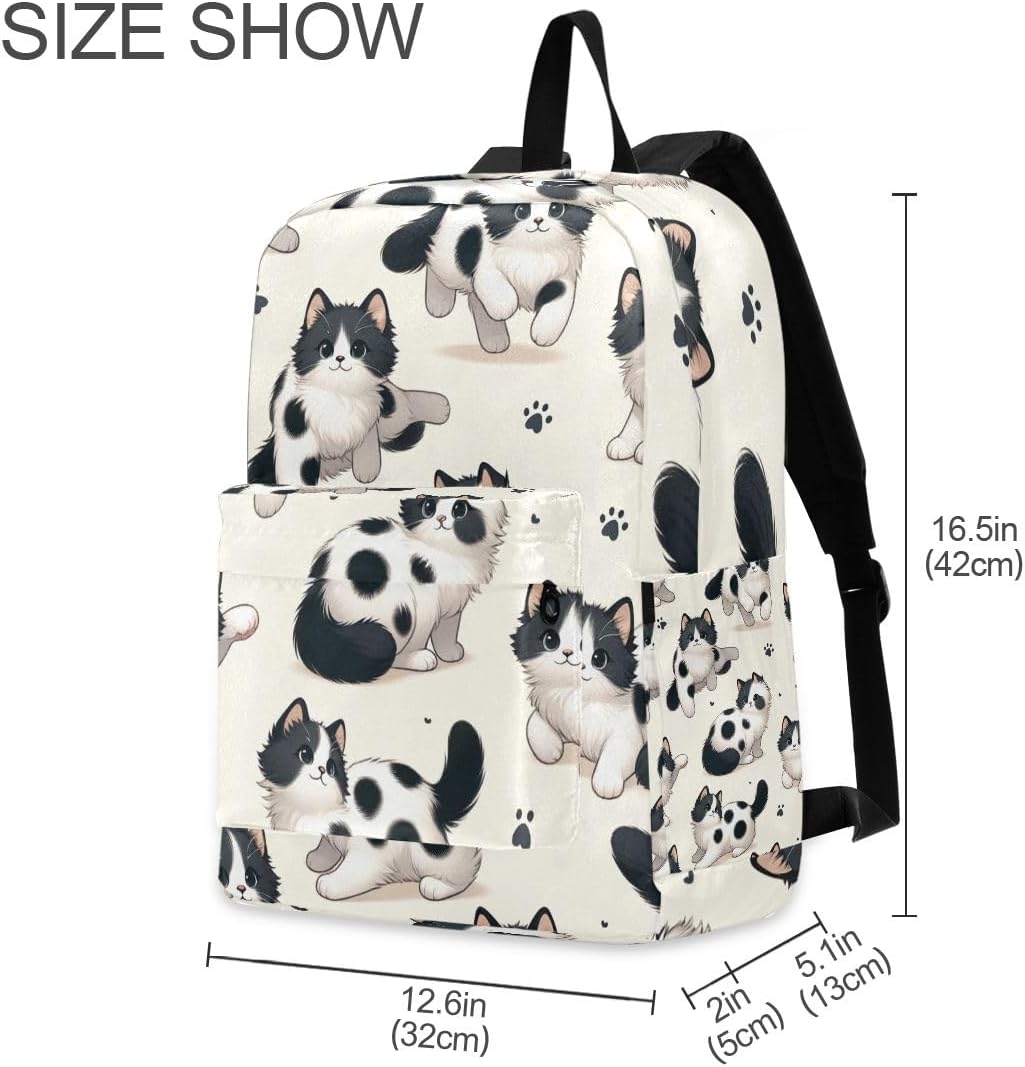 Lovely White Black Cat Backpack, Travel Rucksack Lightweight School Bookbag Daypack for Adults Teen Students Boys Girls