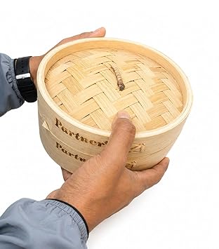 6 Inch Bamboo Steamer Basket for Dumplings, Dim Sum, Momos and Vegetables, Natural, 2 Tier