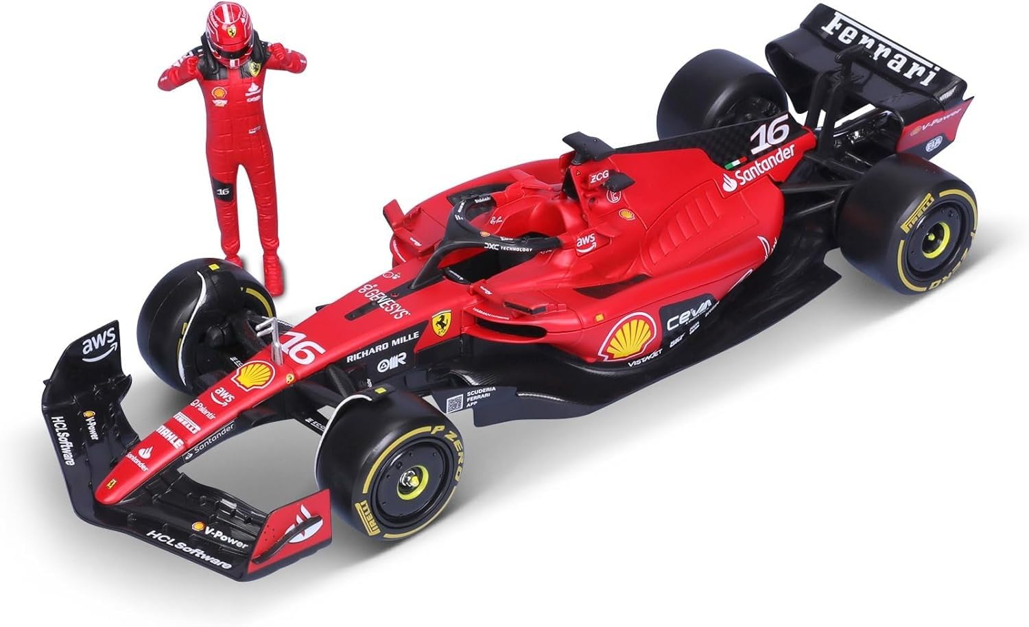 Burago - Auto da collezione Formula 1, compatibile con Ferrari SF23 con statuetta Charles Leclerc 2023 1/24 in metallo