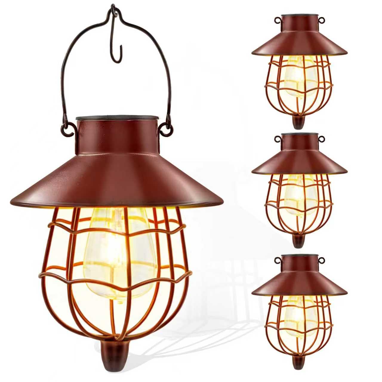 Paquete de 4 faroles solares impermeables para exteriores, lámpara colgante solar de metal con bombilla blanca cálida, diseño para decoración de jardín, patio, patio
