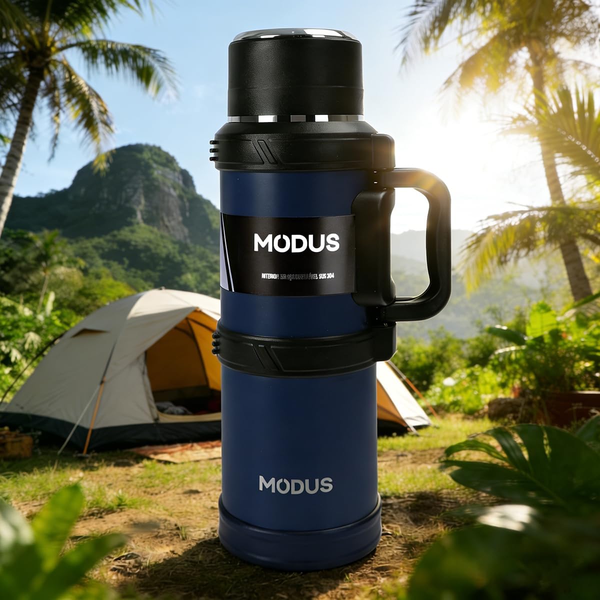 Garrafa Térmica de Grande Capacidade 2400ml, com Base Antiderrapante e Alça Dobrável. Mantém a Água Gelada por 24 Horas. Ideal para Viagens e Uso ao Ar Livre (Azul)