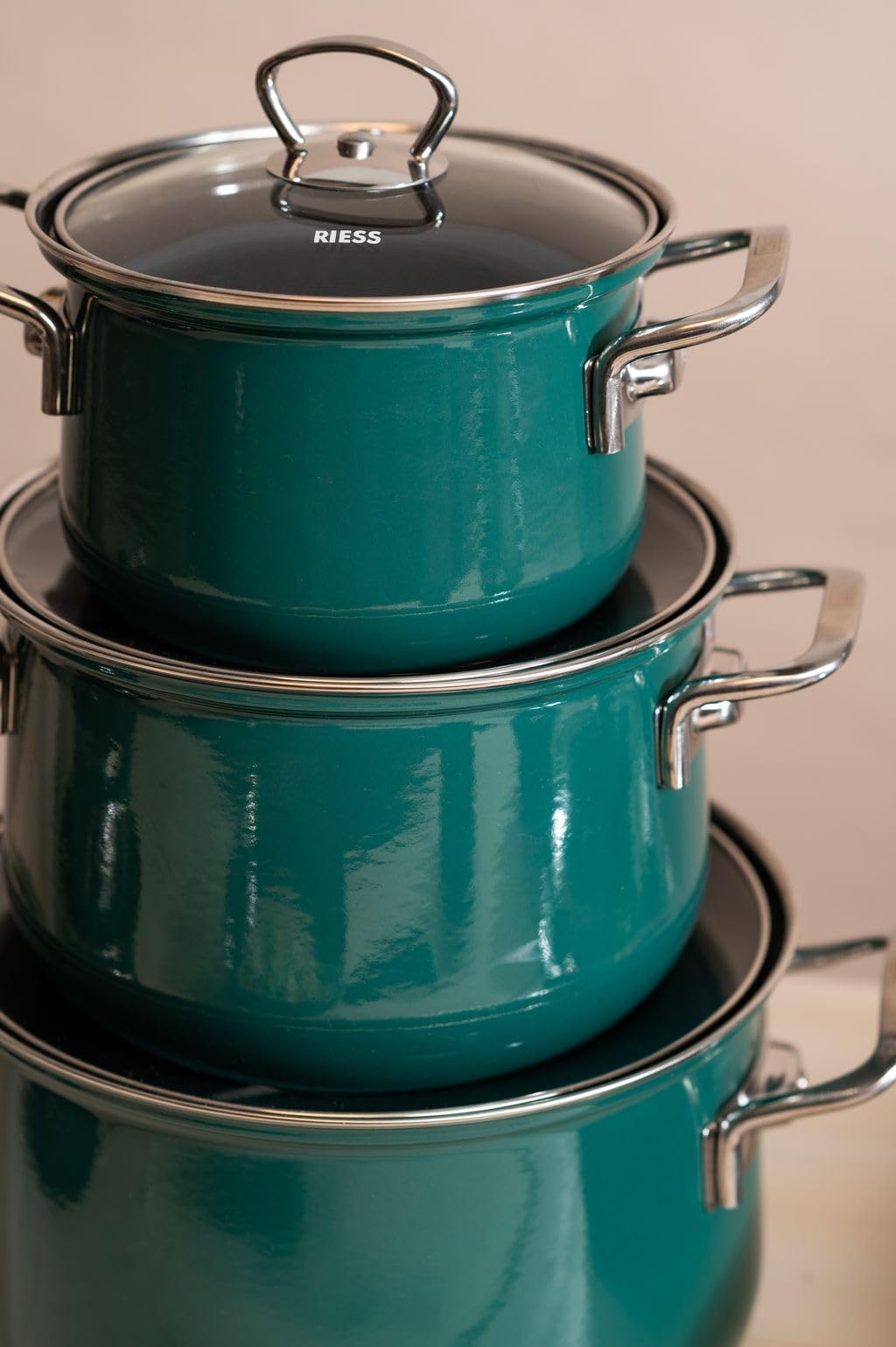 Riess, 0659-007, Topf mit Glasdeckel Ø 24cm, TEAL, Emaille, Vol. (rec.): 6,0 Liter, Made in Österreich, LBH: 33,1x25,9x21,3cm, 2,460kg, Induktionskocher kompatibel, Gasherd geeignet, Ofenfest