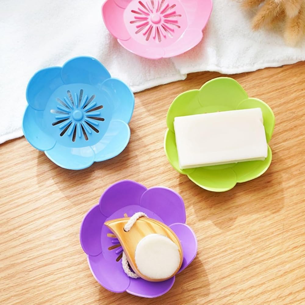 GaxQuly Flower Design Soap Dish Holder | Double Layer Self Adhesive Wall Hanging Soap Storage Rack for Kitchen Bathroom | Soap Stand with Magic Sticker | Wall Mounted Sponge Holder Sabundani (1) 3
