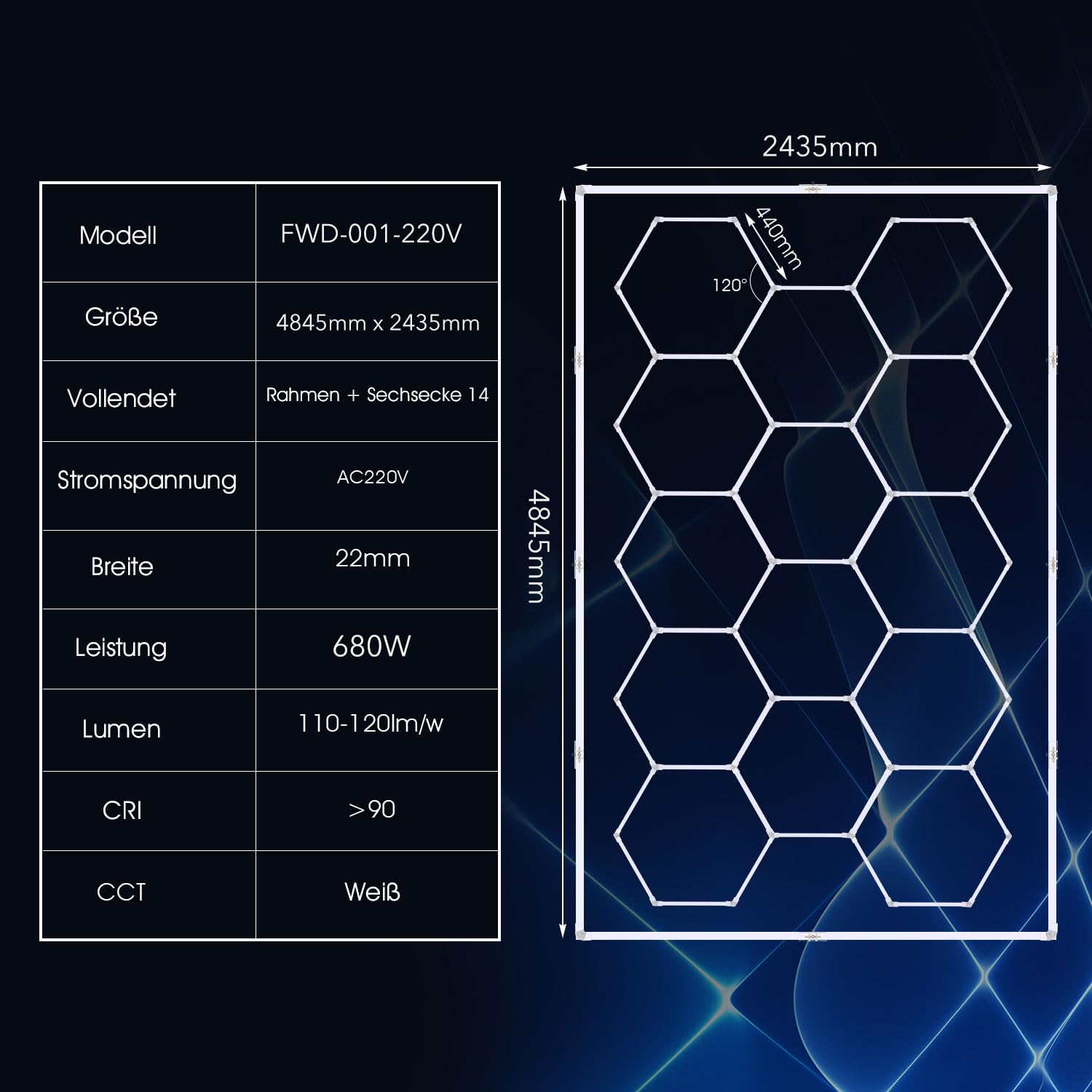 Hexagon LED Deckenleuchte 680W 6500K Weiß Rechteck für Garage Werkstatt Lager