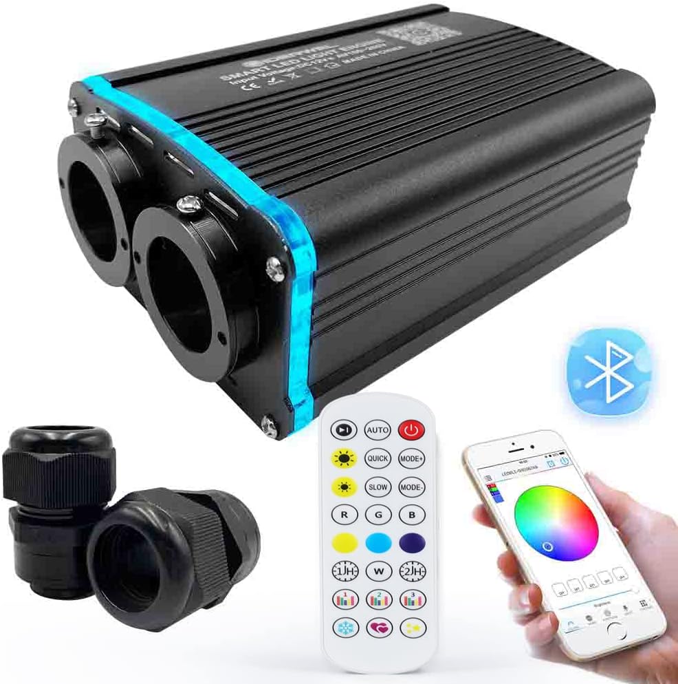 Smart APP LED Fiber Optic Lights Engine Driver Dual Port RGBW,Bluetooth Color Changing Fiber Optic Star Ceiling Light Source with RF Remote Control for All Kinds of Fiber Optics Cable
