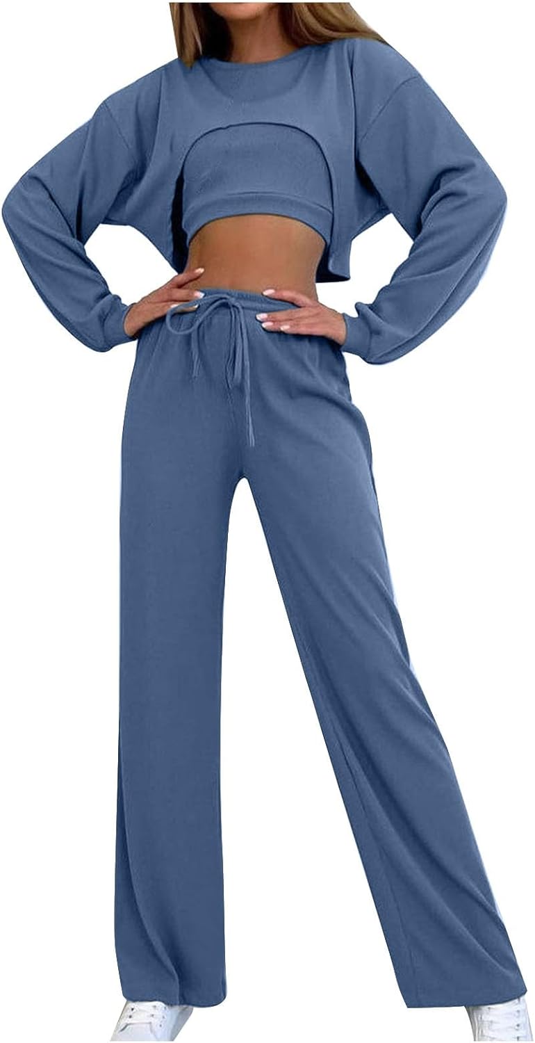 3 Piece Workout Sets for Women Seamless Halter Sports Bra High Waist Wide Leg Pant Long Sleeve Shrug Gym Yoga Outfits