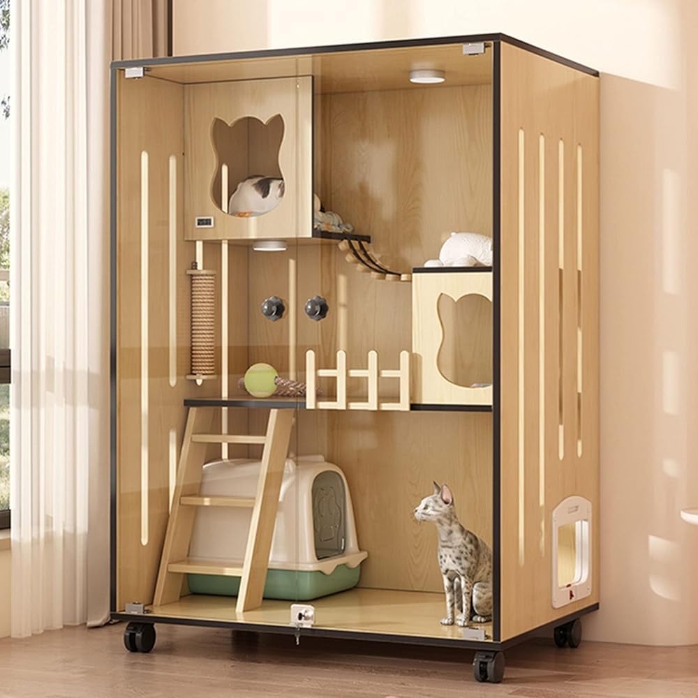 Recinzione per gatti da interno, grande casa per gatti in legno con porte di fuga e ruote, gabbia per gatti chiusa multi-funzione, per casa o negozio di animali domestici