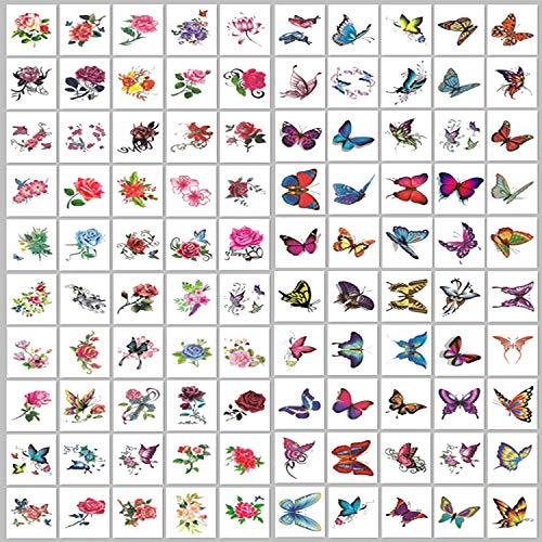 ELANE 100 Sheets Temporary Tattoo Stickers Body Art Makeup Fake Tattoo ?50 Butterfly+50 Flowers? Removable Body Sticker,Hand Neck Wrist Art Fashion?