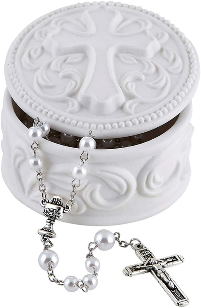 White Porcelain Cross Rosary Jewelry Box, 2 3/4 Inch