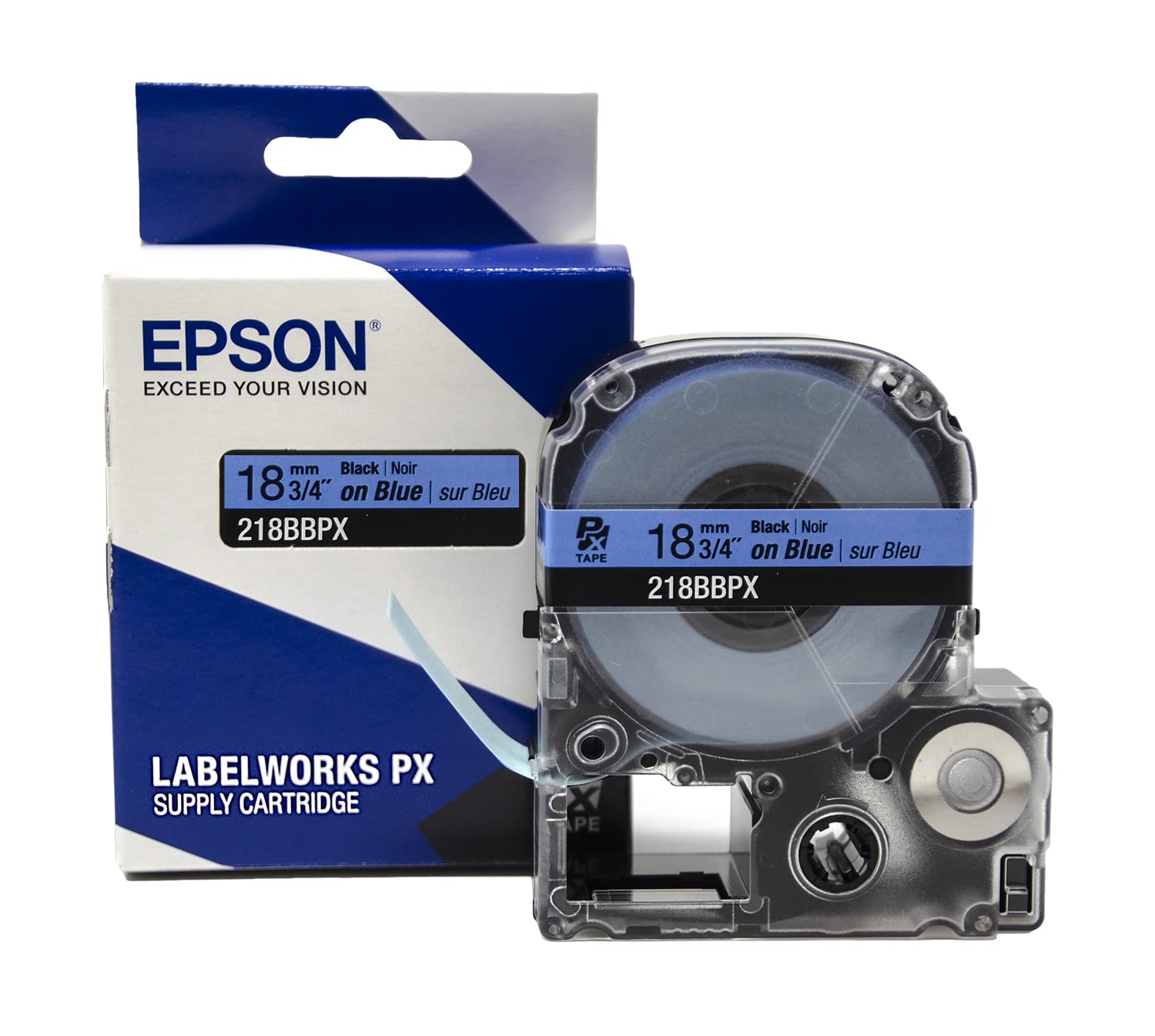 Epson LABELWORKS 218BBPX Genuine PET (Polyester) Tape Cartridge - Black on Blue Label Maker Tape - 3/4" (18MM) Wide, 30'