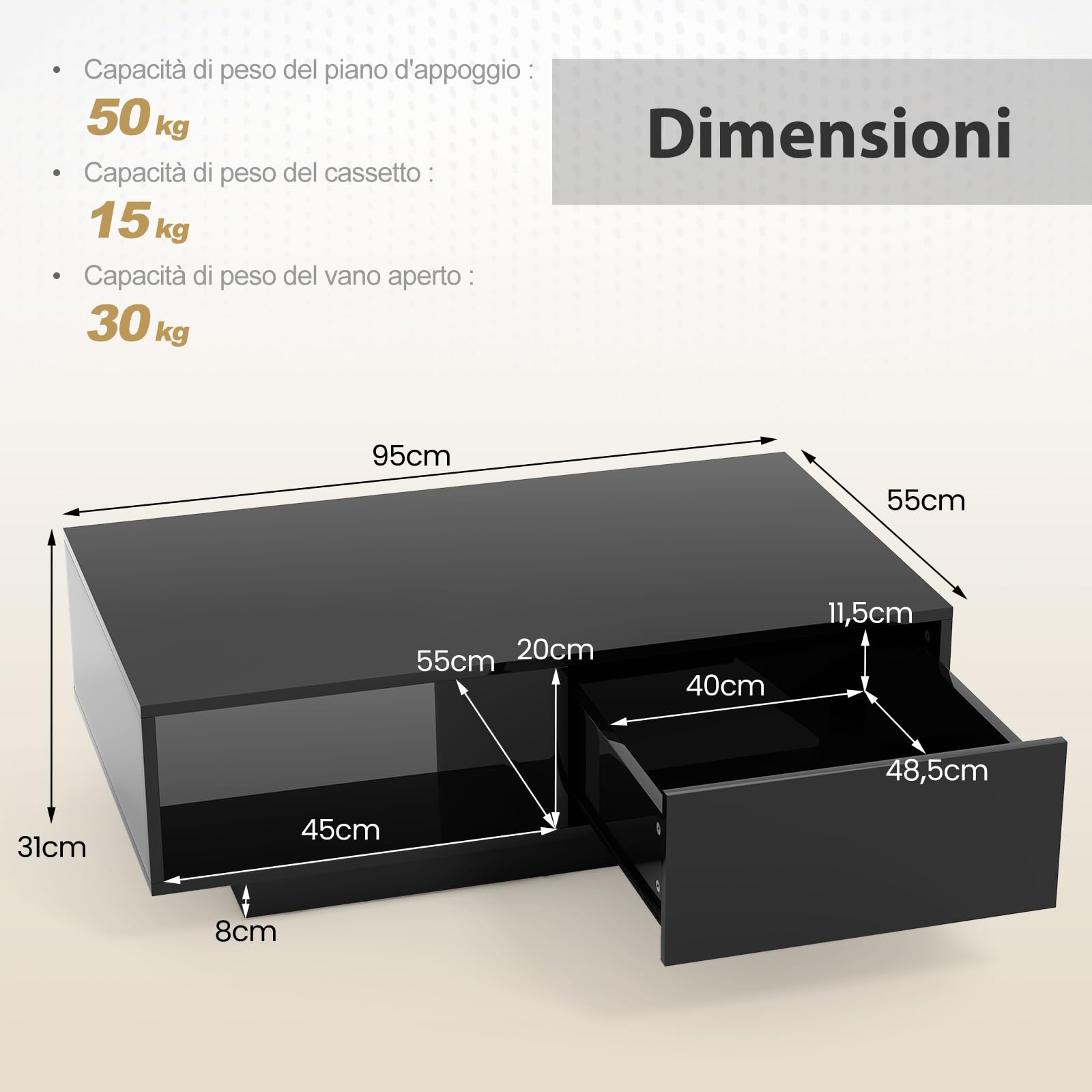 COSTWAY Tavolino da Salotto in Legno, Tavolino Moderno e Rettangolare con 20 Colori di Luci a LED, Telecomando, Cassetto e Ripiano Aperto, Tavolino per Studio e Ufficio (Nero)