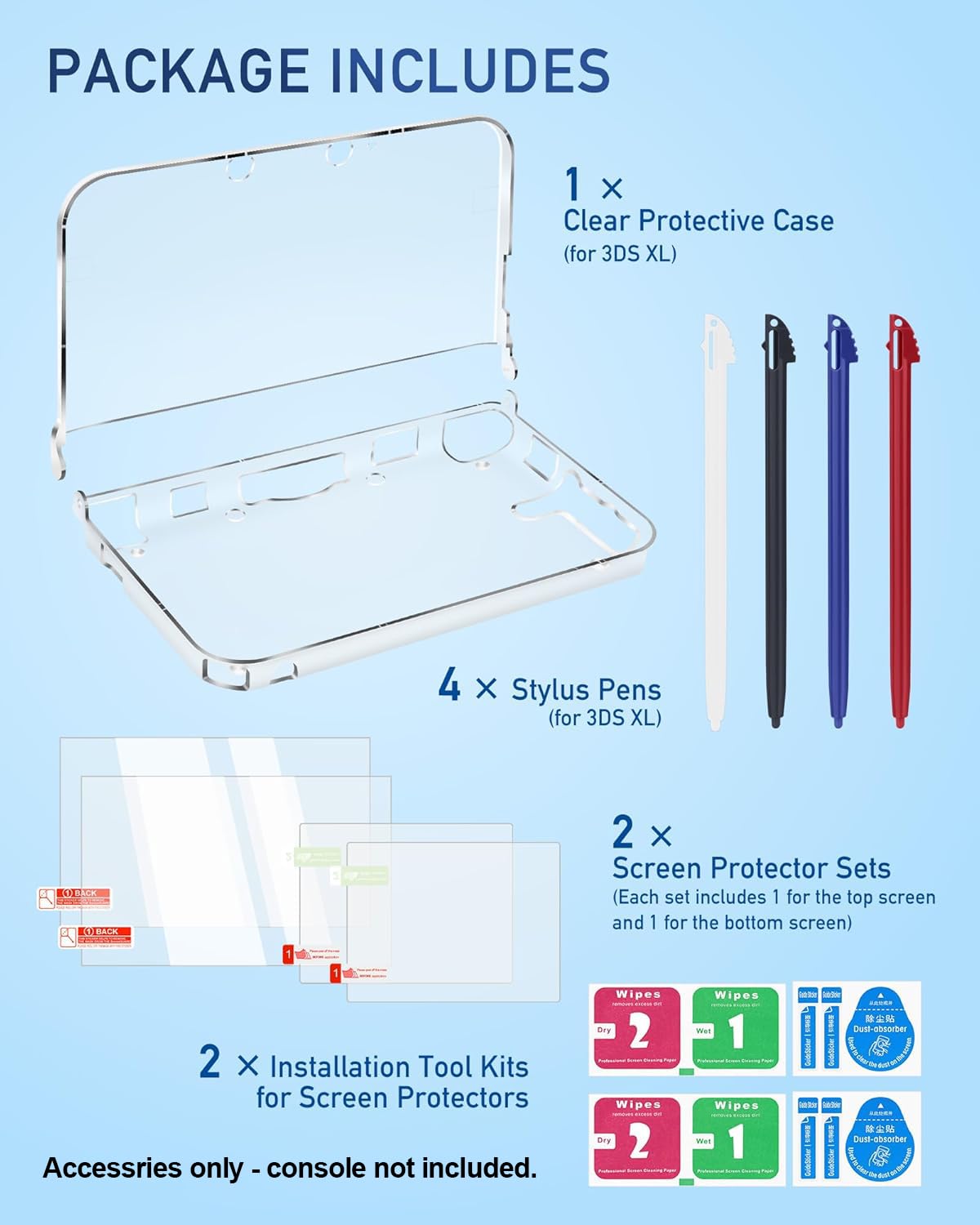 inRobert 3 in 1 Accessories kit for Nintendo 3DS LL/XL, with Clear Hard Case, Screen Protectors (Tempered Glass & PET) and Stylus Pens Compatible with 3DS XL/LL Console — view 4